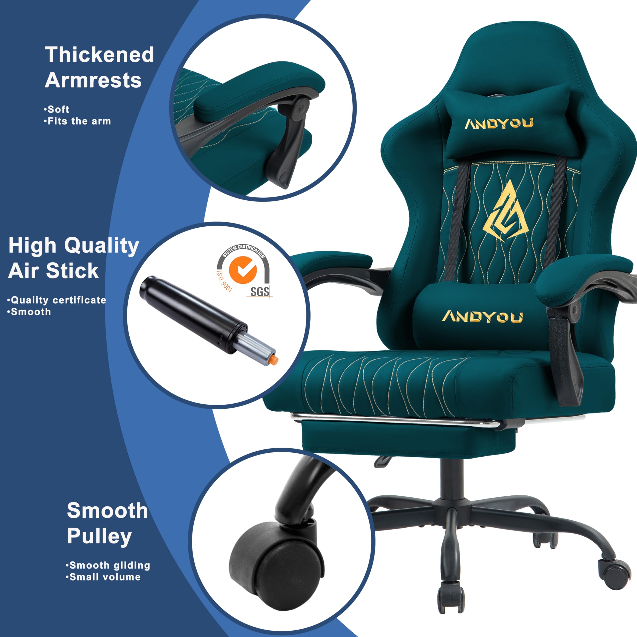 Andyou Silla Gaming Ergonómica Profesional con Soporte Lumbar - Silla Gamer para Adulto, Giratoria y Reclinable con Reposapiés Ajustable y Tela Transpirable, Soporte 150 kg para Oficina y PC