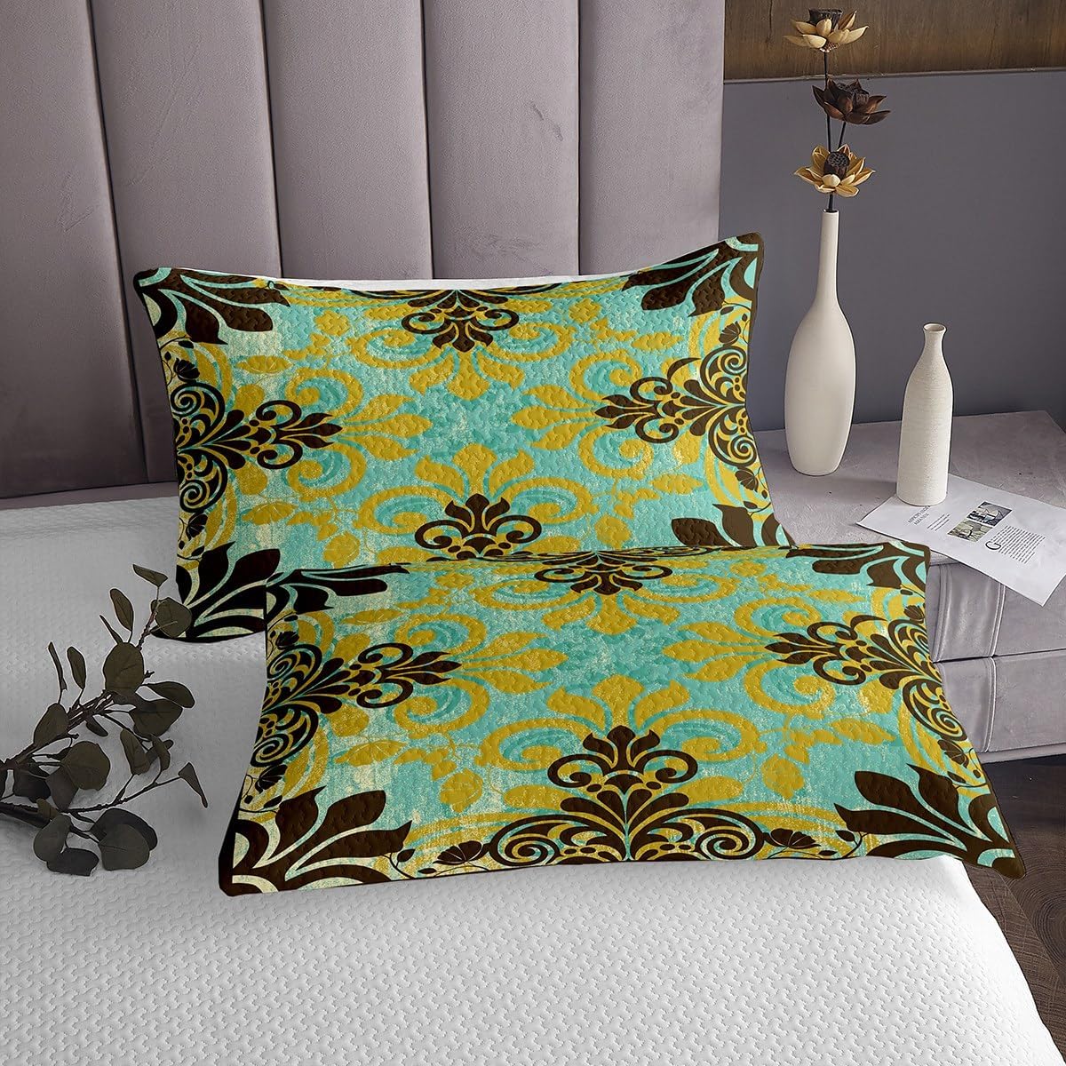 Erosebridal Bohemian Coverlet Set Yellow Black Damask Quilt Set,Exotic Ethnic Flowers Bedspread Set Antique Victorian Baroque King Quilted,Gothic Vintage Floral Mexican Style Room Decor