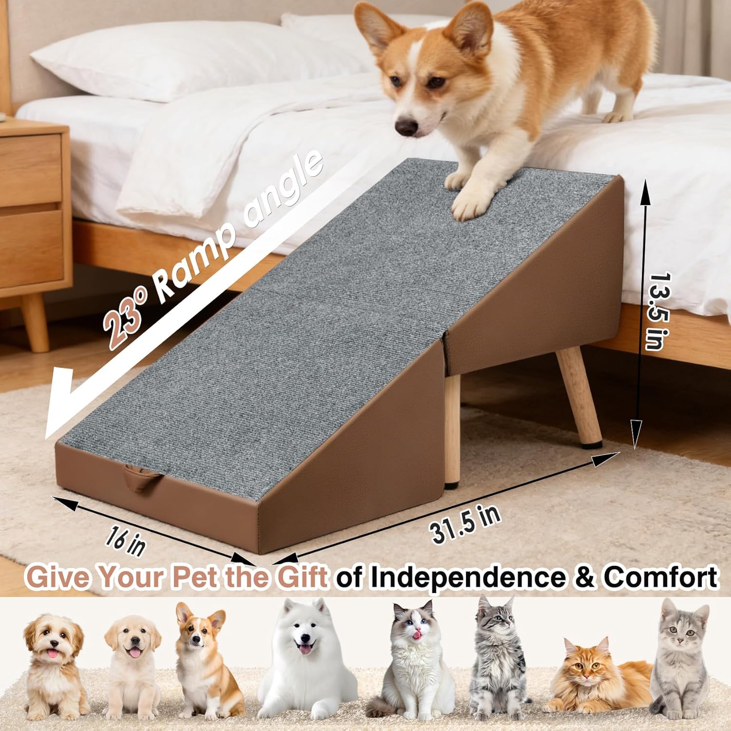 Split Ottoman Dogs Ramp, Dog Ramp for Couch and Bed, Dog Stairs for Small Dogs and Cats, 2-in-1 Foldable Wooden Pet Stairs and Ottoman,Non-Slip Fabric Surface Ramp for Couch and Bed Brown XXXL