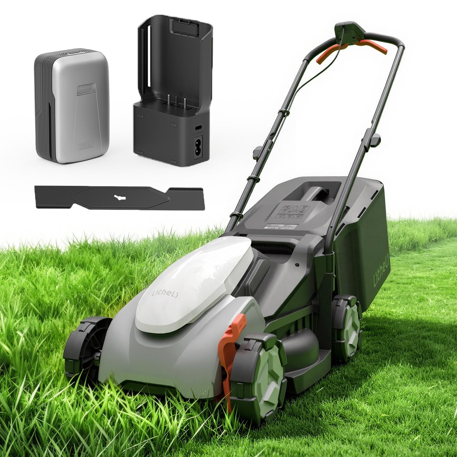 Litheli 14 Inch Cordless Lawn Mower, Lightweight Push Mower with 5.0Ah Battery