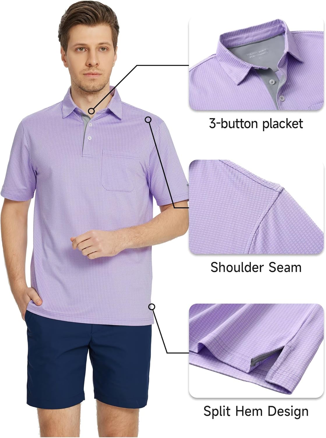 Rouen Mens Golf Shirts Short Sleeve Dry Fit Jacquard Performance Moisture Wicking Casual Pocket Collared Polo Shirts for Men - Image 2