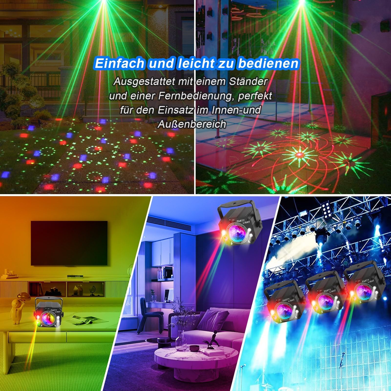 Nigecue 3 in 1 Discolicht Partylicht mit Fernbedienung, Musikgesteuert Disco Licht mit Stroboskop, Sprachsteuert LED DJ Party Lampe Discokugel mit 2M USB Kabel für Halloween Weihnachten Klub Feiertage