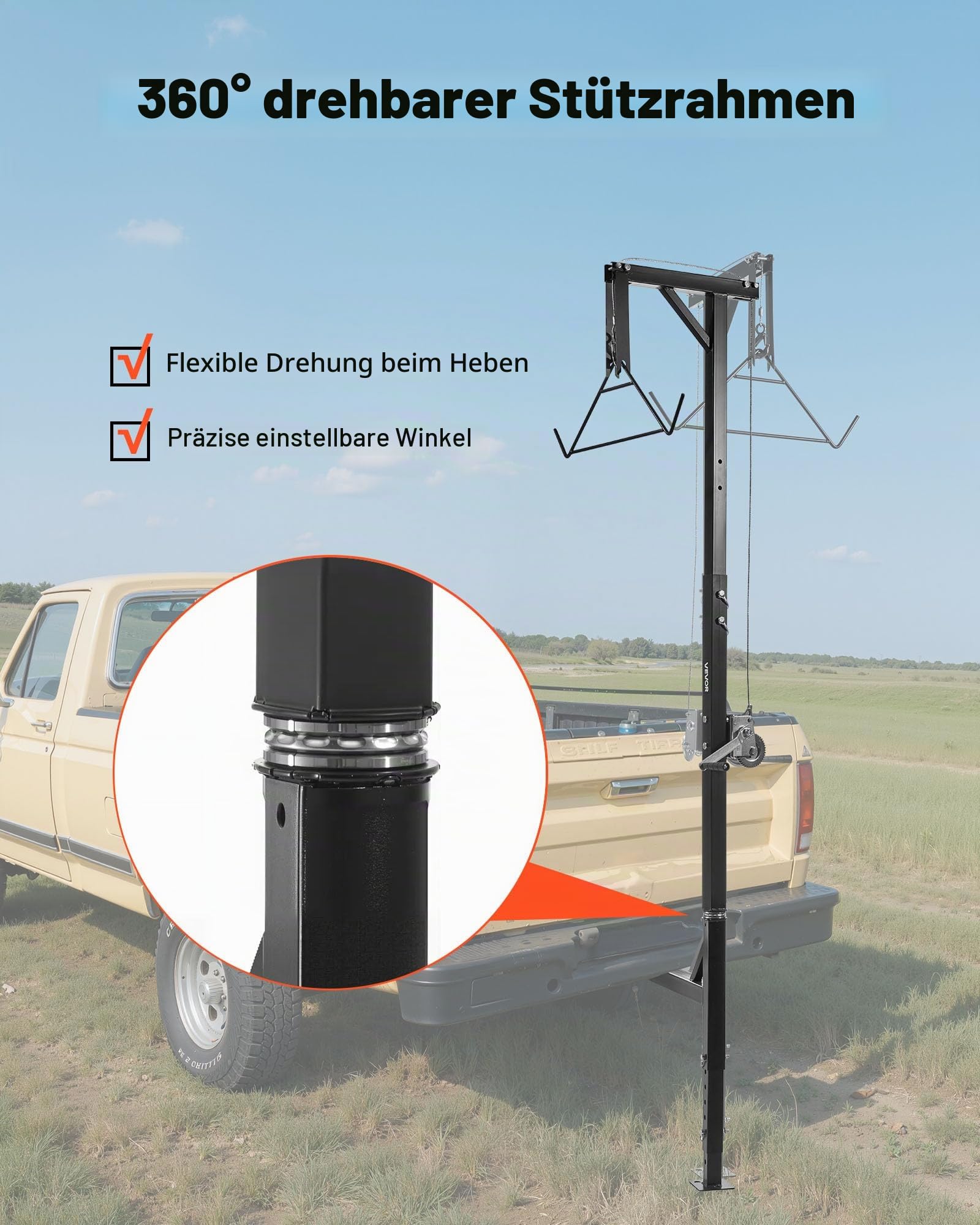 VEVOR Game Hoist mit Seilwinde & Gambrel, 226,8 kg Tragkraft, Lkw-Wildhebezeug mit 5,08 cm Empfänger, 360-Grad-Schwenkschaft & einstellbarer Höhe, zum Häuten & Säubern von Wild im Jagdspiel