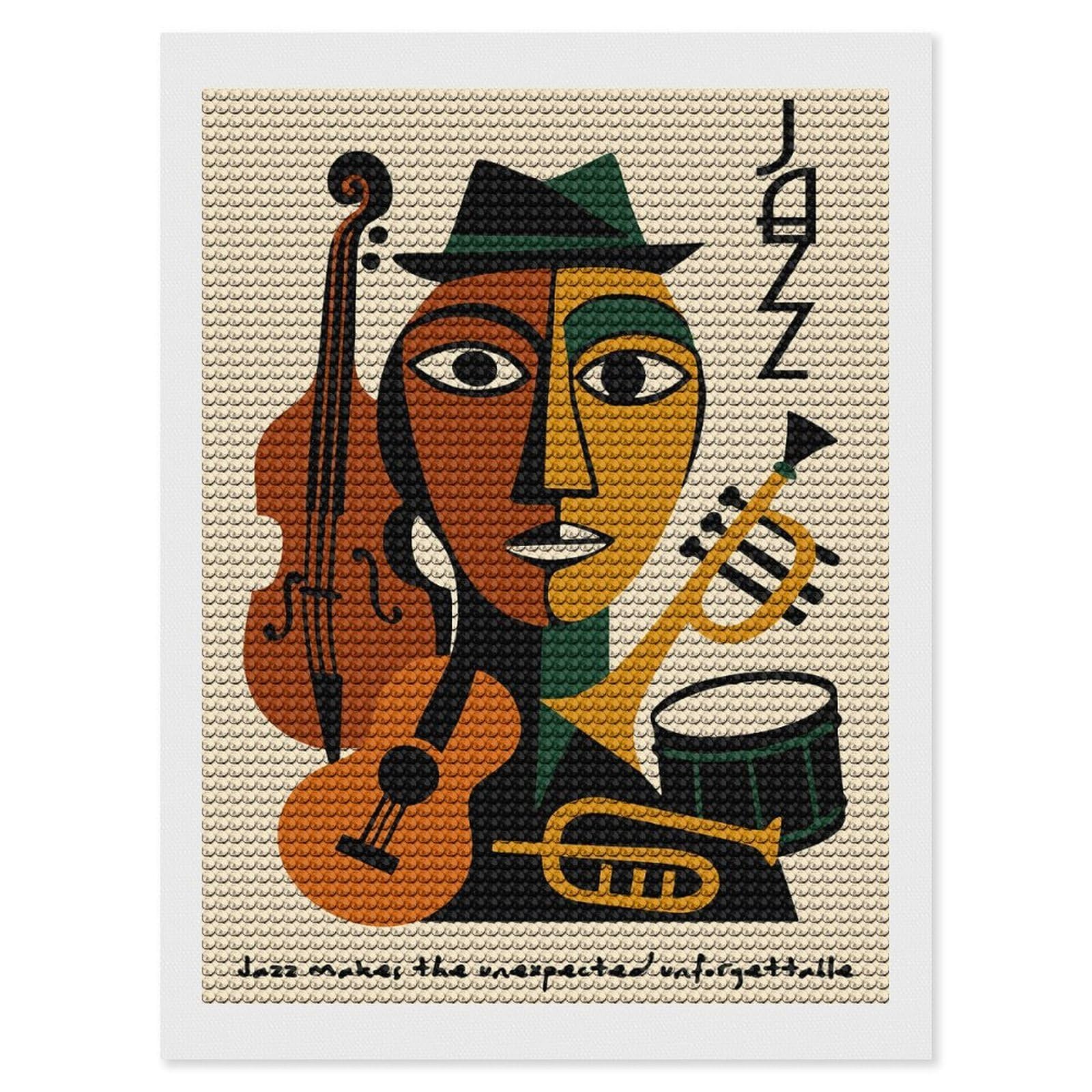 Junmoney Abstract Jazz Musician with Instruments Diamond Painting Set 12"x16", Stress Relief Craft, Easy to Enjoy, Vintage Style Decor, Festive Craft Gift