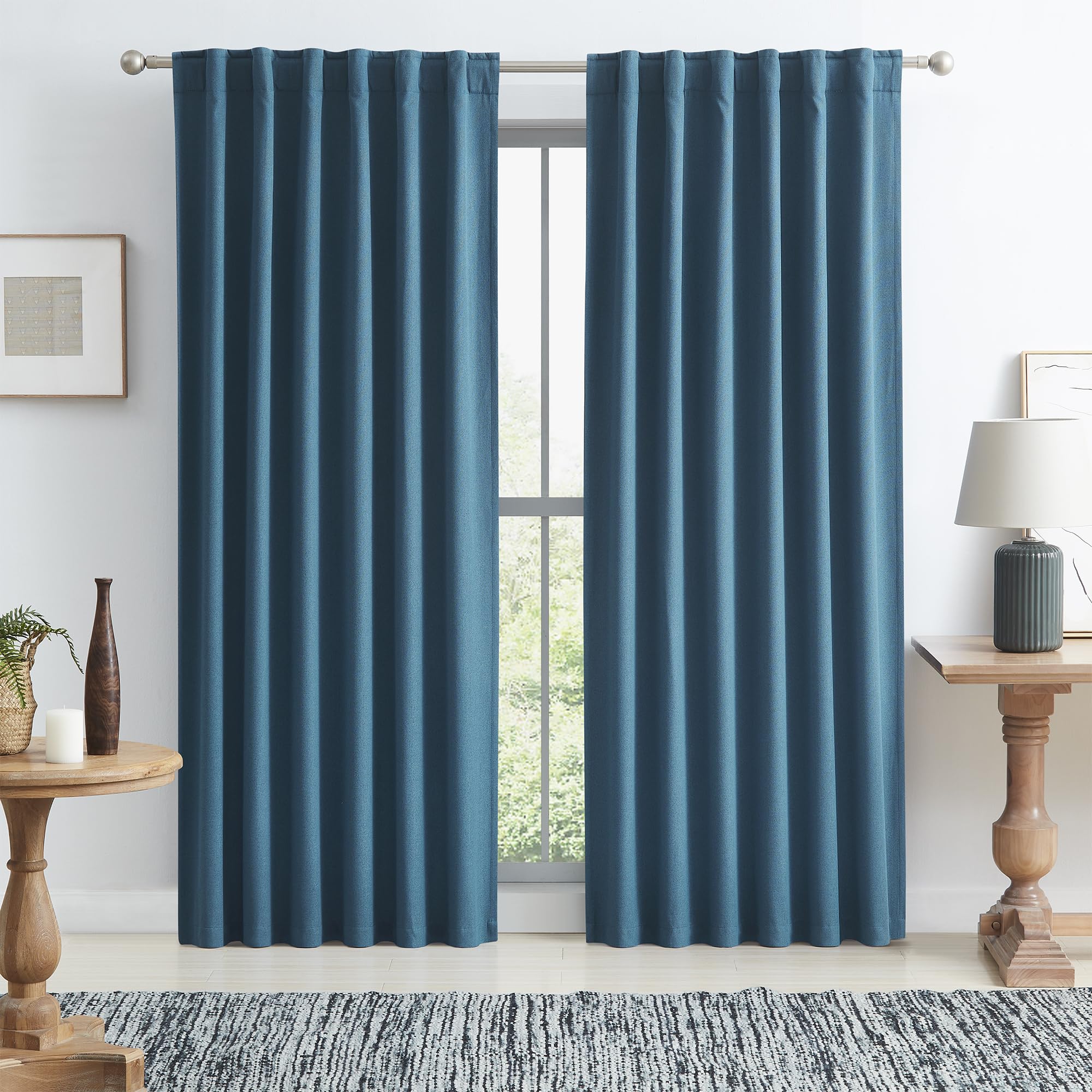 KEQIAOSUOCAI Blackout Linen Curtain Panels, Totally Shaded Draperies 84 Inches Long for Dining Room, Soundproof Privacy Window Drapes for Playroom Guest Room Bedroom, Denim Blue, 50 x 84, 2 Pieces