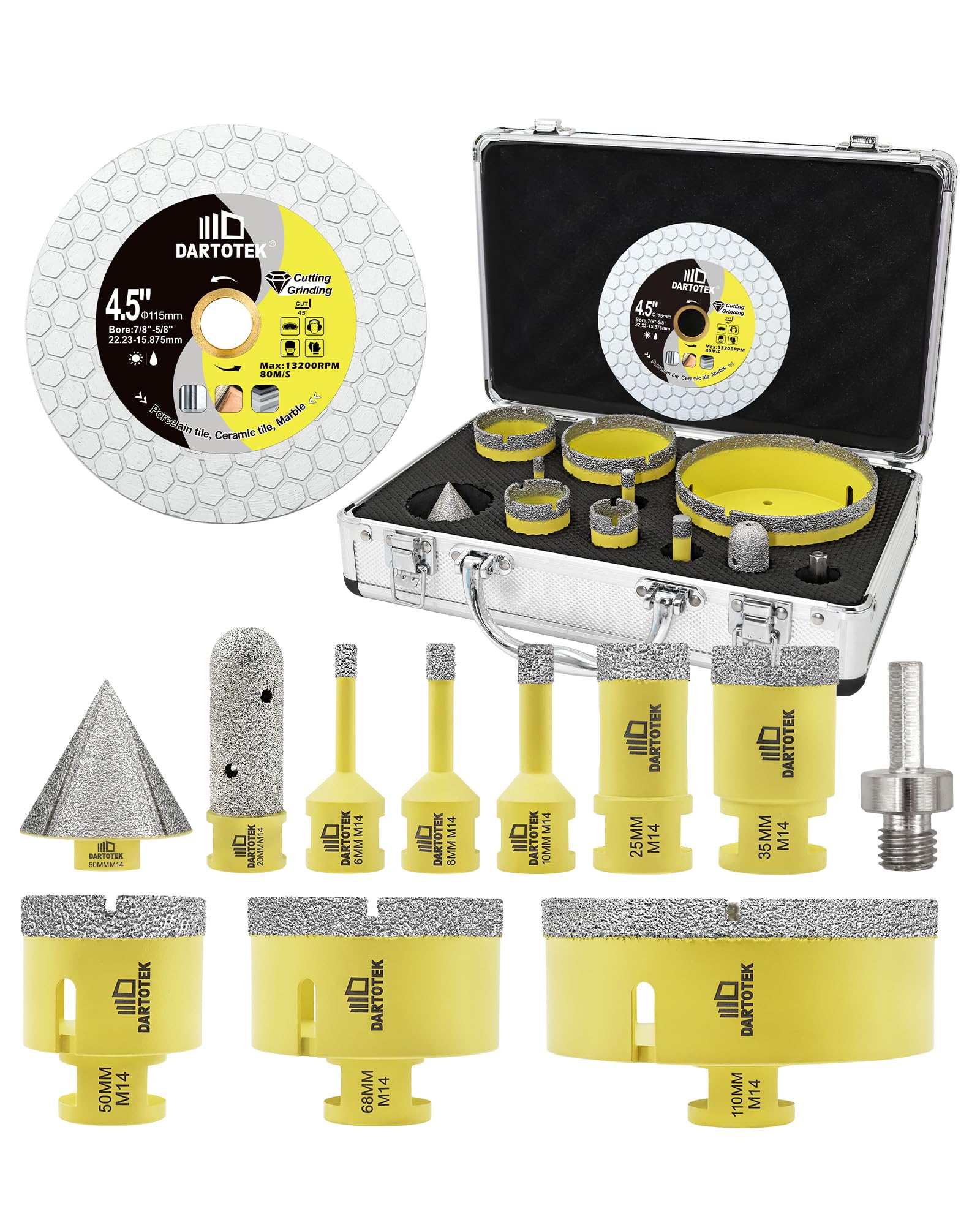 DARTOTEK Diamantbohrer Fliesen 6/8/10/25/35/50/68/110mm x M14 Bohrkronen | Fliesenbohrer Set, 20mm Fingerfräser, 50mm Fasenfräser, Adapter, 115mm Schleifscheibe für Keramik Porzellan Marmor