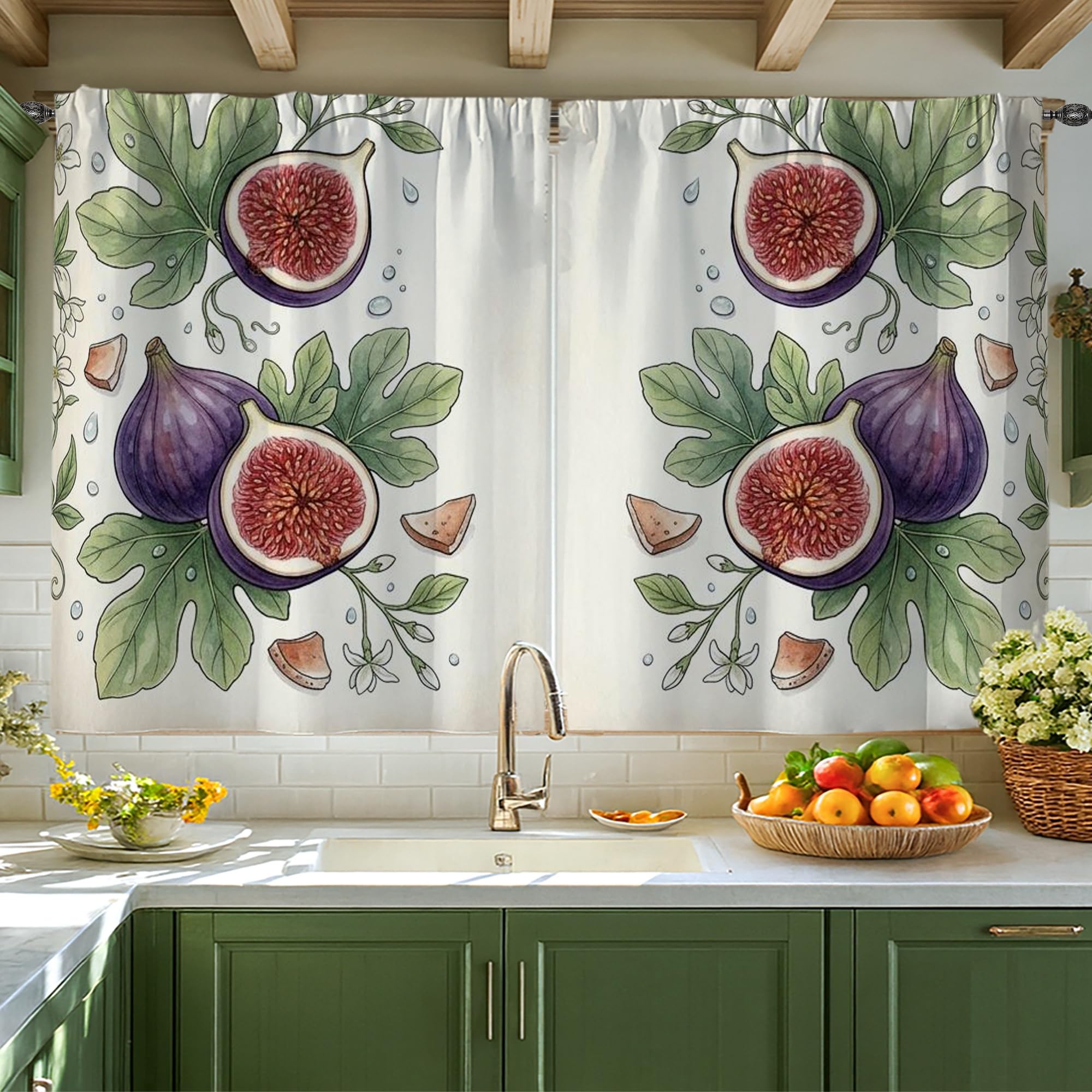 Rideaux de cuisine occultants légers anti-regards, panneaux vert café motif figue