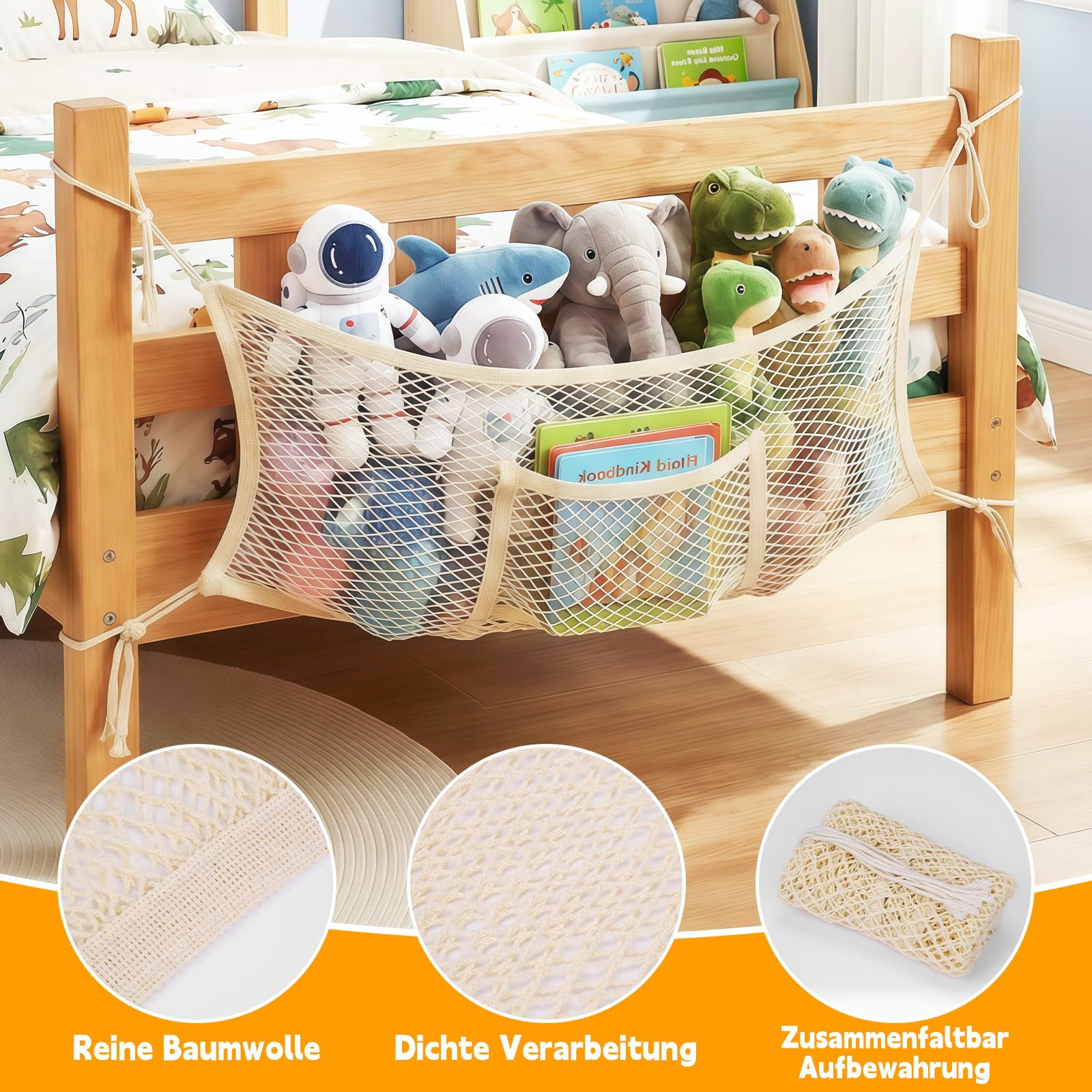 Meetory Rete per animali di peluche – 2 pezzi sul lato del letto, organizer in tessuto Boho macramè, da appendere, in cotone elastico, per cameretta dei bambini, camera da letto