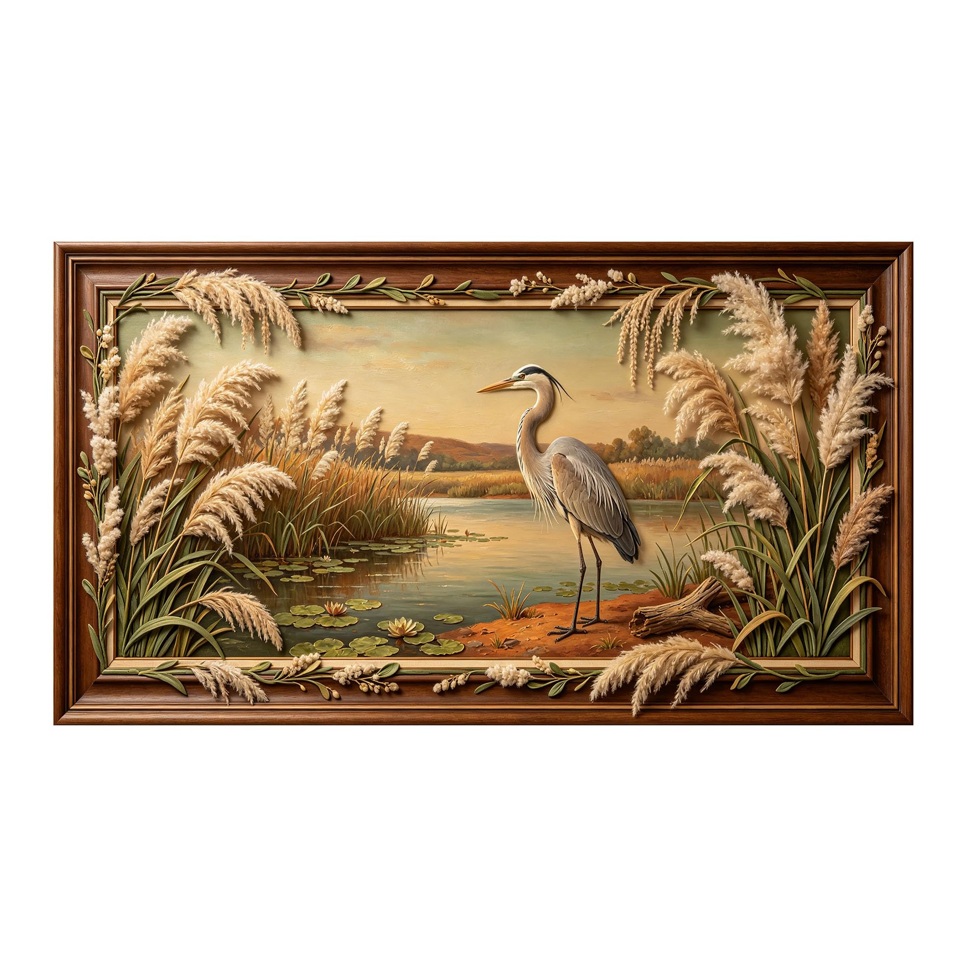 Yzpallescene 3D 3D Framed Wall Art 50cm×90cm Heron Lake Landscape Oil Painting Large Size SelfAdhesive Removable Wall Decor Prints Artwork for Living Room Bedroom Office