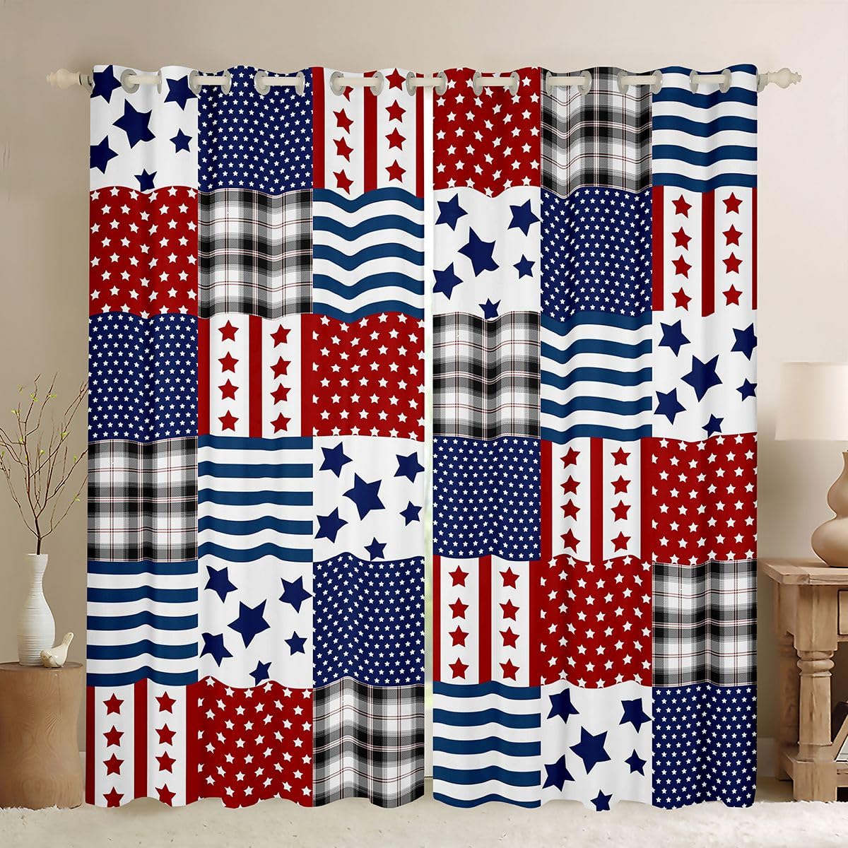 Lot de 2 rideaux de fenêtre patriotiques - Taille XXL - 260 x 140 cm - Étoiles et rayures - Imprimé patchwork - Rideaux occultants - Motif géométrique - Bleu marine - Pour adultes et enfants