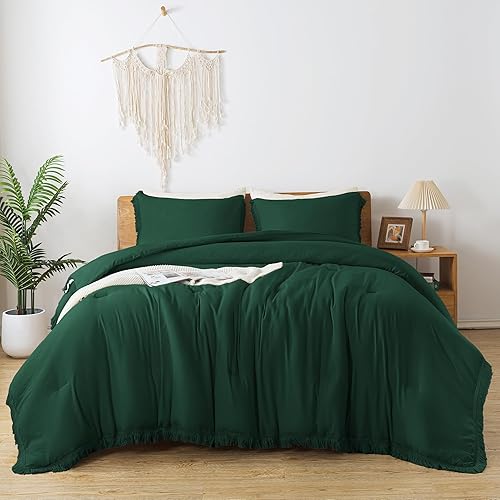 Miniatura 7 de Andency Juego de edredón verde esmeralda oscuro, tamaño individual, 2 piezas, bohemio, ligero, con borlas, bosque, juego de ropa de cama para todas