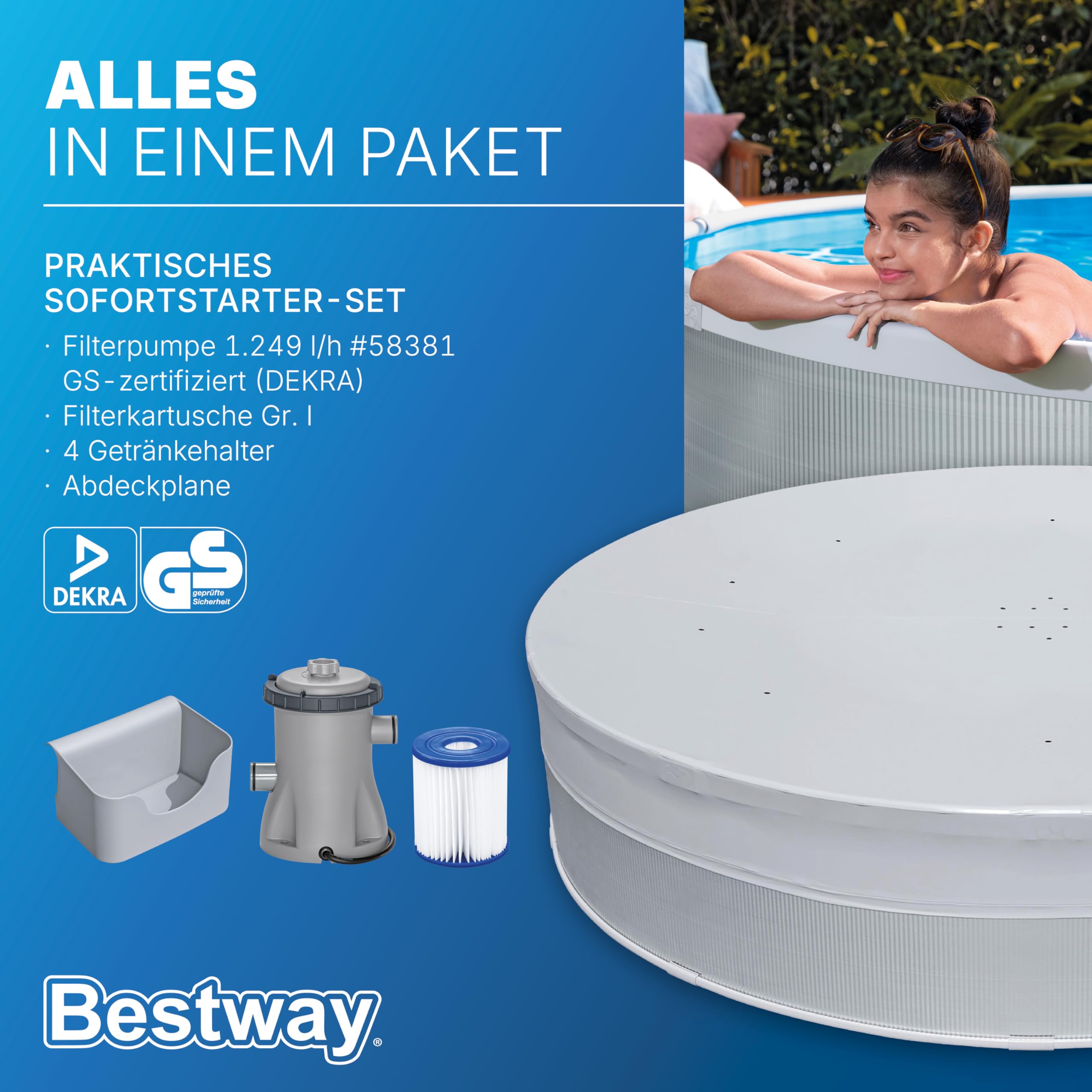 Bestway Stahlwandpool Set 305 x 61 cm, Rund, Grau – Aufstellpool mit Filterpumpe für den Garten, 3790 Liter Gartenpool im Industrial-Look