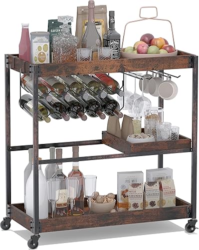 Sykit Carrito de bar, barra de café de 3 niveles sobre ruedas con estante para vino de 10 botellas y soporte para vidrio y bandeja extraíble,