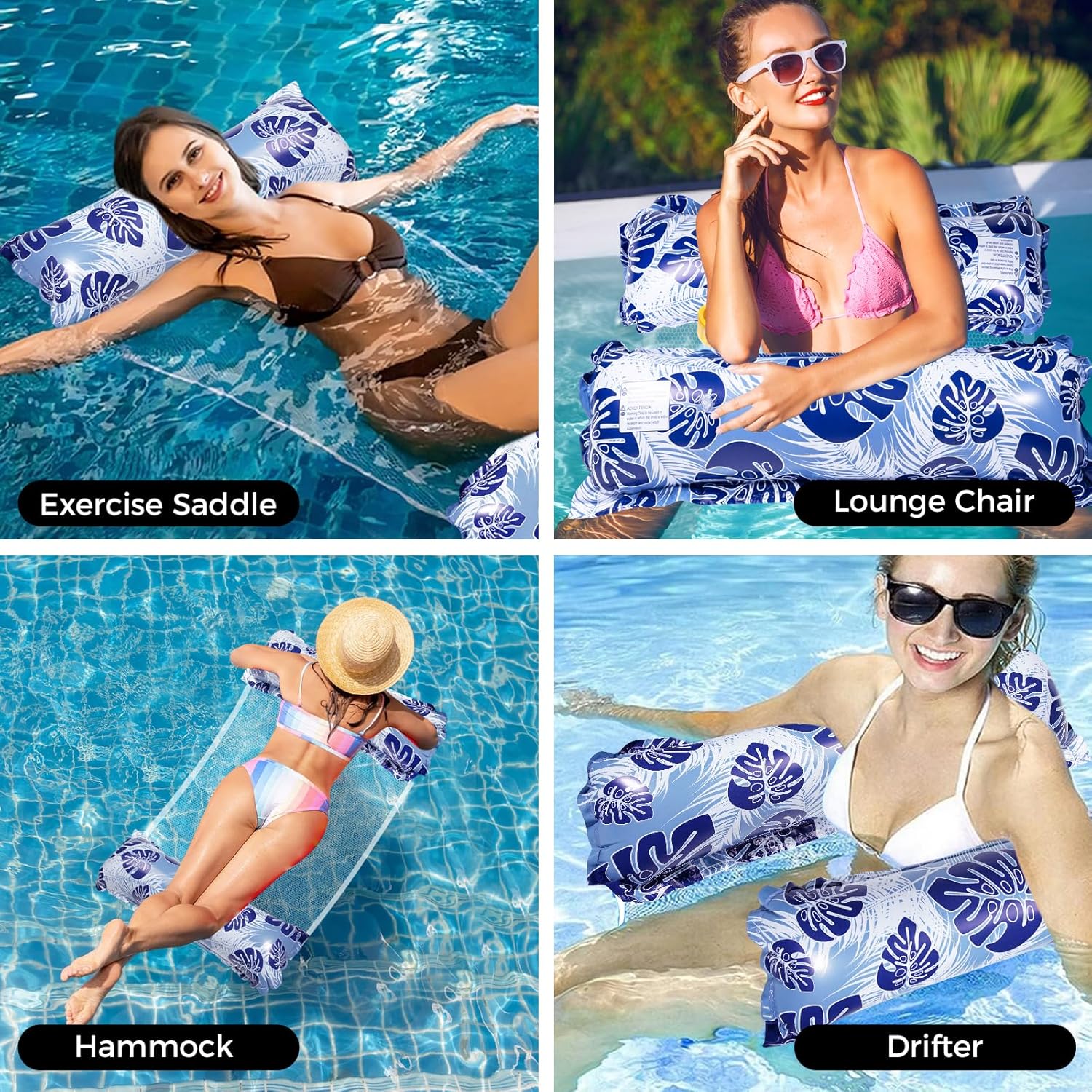 Pool Floats 2 Pcs Inflatable Pool Floats for Adults, 4-in-1 Multi-Purpose Pool Floaties, Water Hammock, Lounge Chair, Saddle, and Drifter, Thick PVC Pool Rafts for Swimming Pool, Includes Air Pump