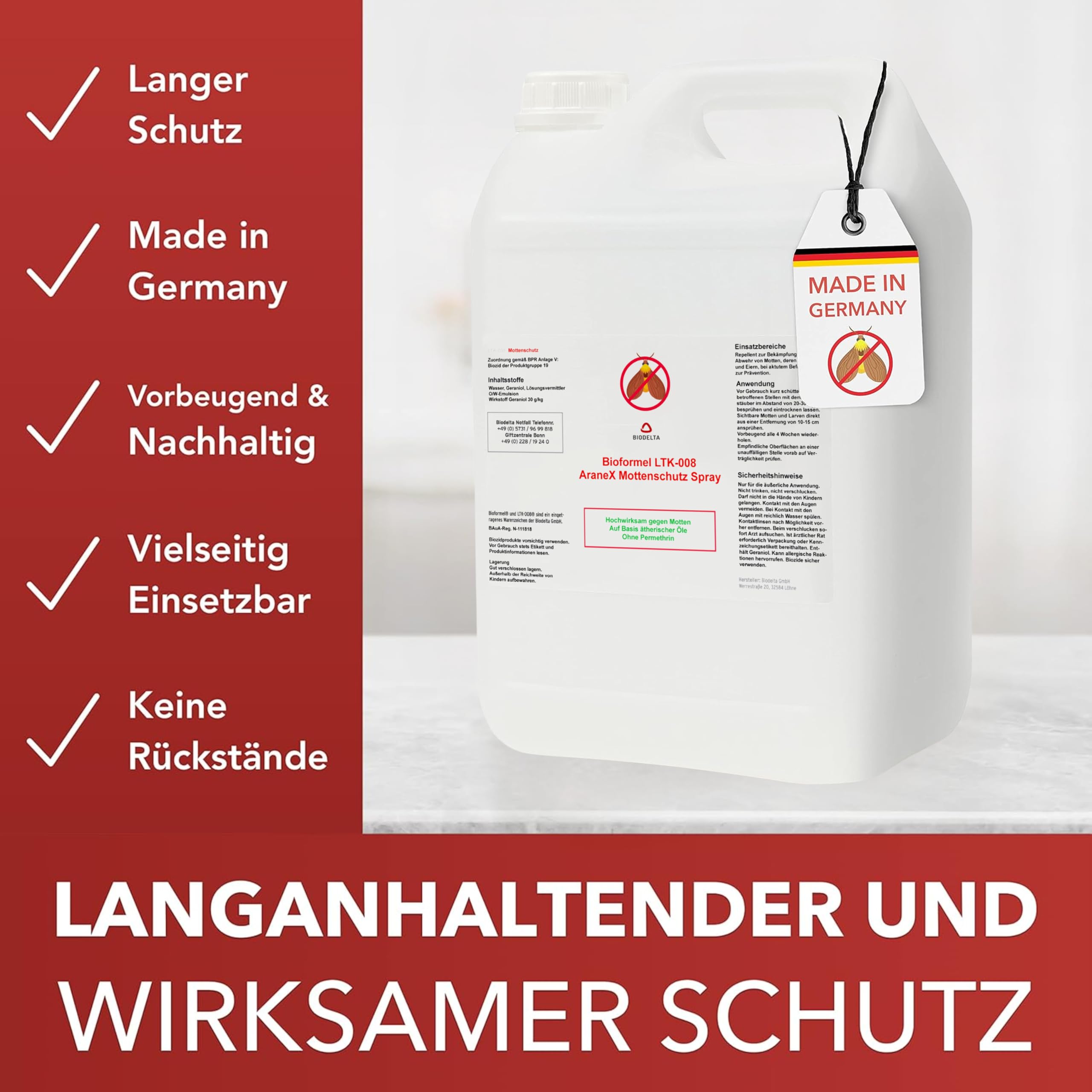 BIODELTA Mottenspray 5 l - Mottenabwehr für den Kleiderschrank | Mottenschutz für Kleiderschrank und Textilien - mit Langzeitwirkung - für den Innenbereich