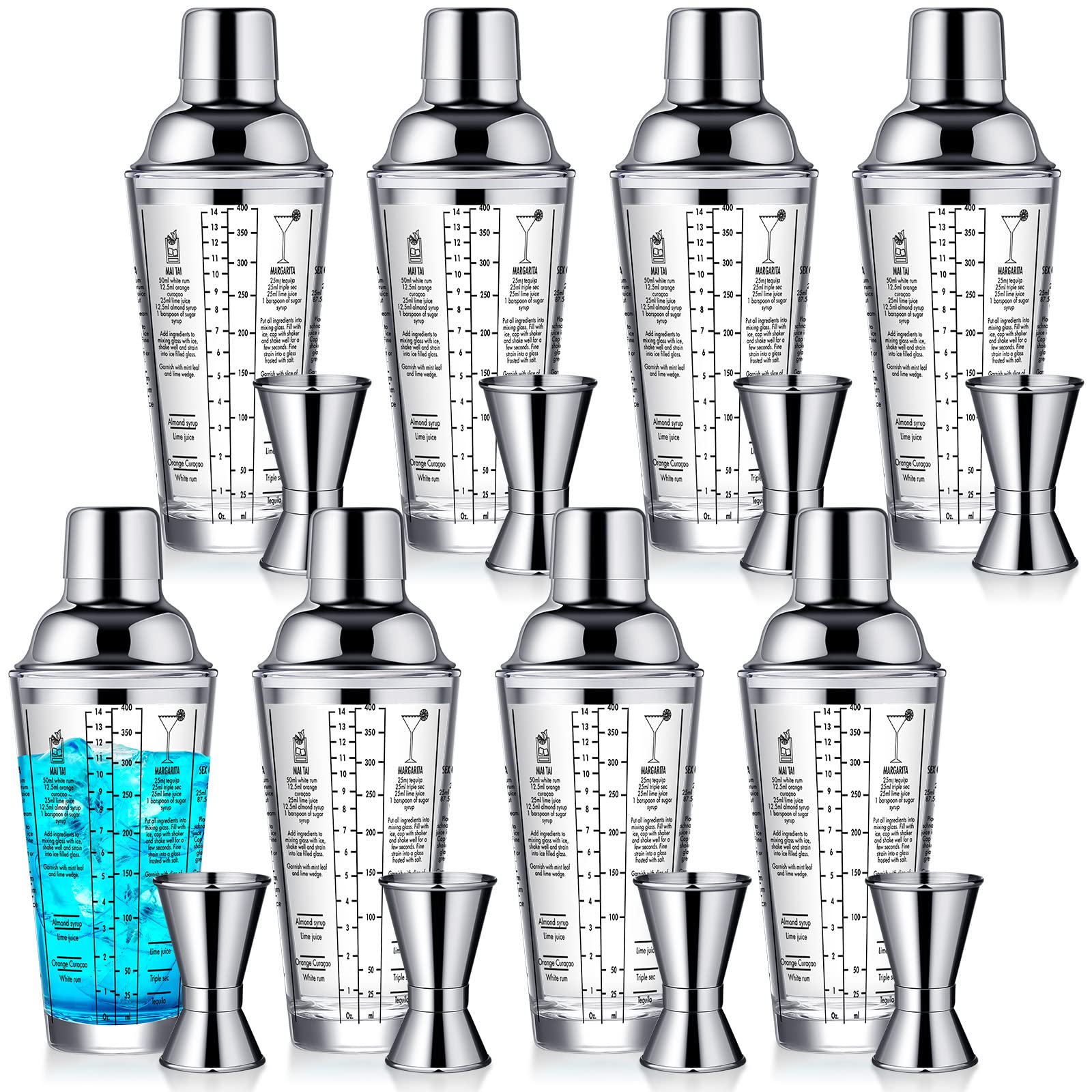 Roshtia Juego de coctelera de vidrio de 16 piezas, coctelera de Martini a granel de 14 onzas, taza mezcladora transparente con medidor de acero inoxidable, juego de mezclador de cóctel, mezcla de