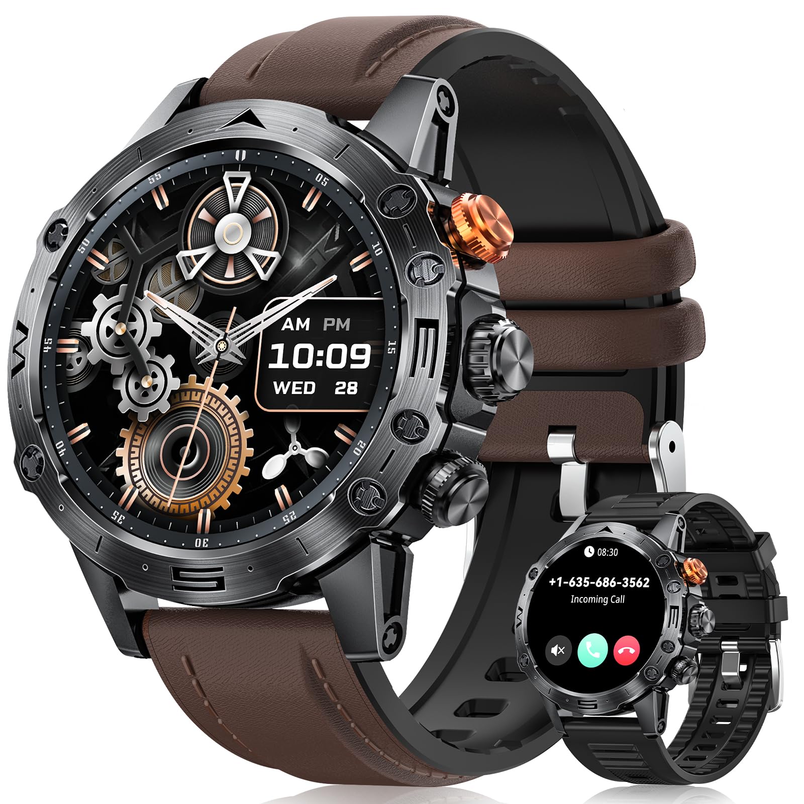 DEKELIFE Smartwatch Uomo con Chiamate, 1.53" IPS Always-On Display Orologio SmartWatch, 124 Modalità Sportive, Corsi di Fitness, 350 mAh IP68 Sonno/Cardiofrequenzimetro SpO2 Android iOS Marrone Scuro