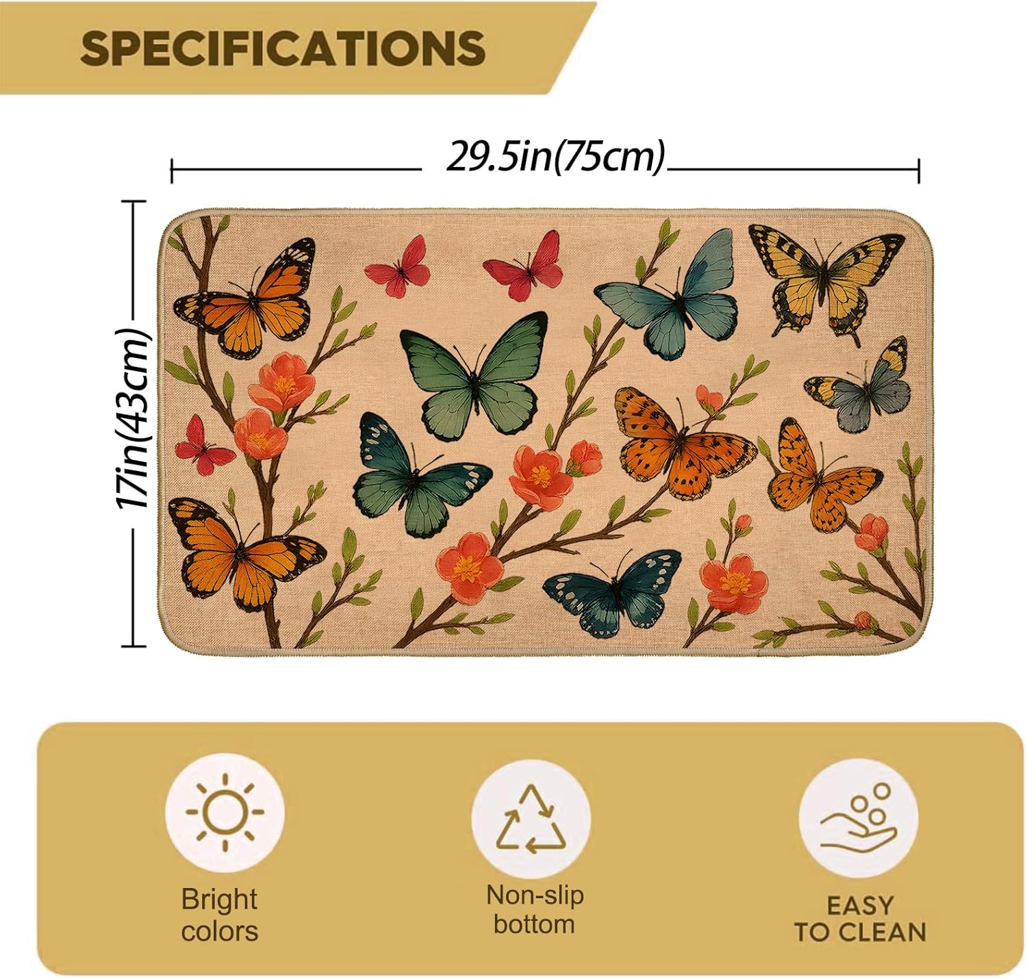 Watercolor Butterfly Welcome Door Mat,29.5x17inch,Indoor Outdoor Linen Floor Mats with Colorful Flower and Branch,Non-Slip Rubber Backing Doormat,Decor Gifts Rug for Entrance Kitchen Bedroom
