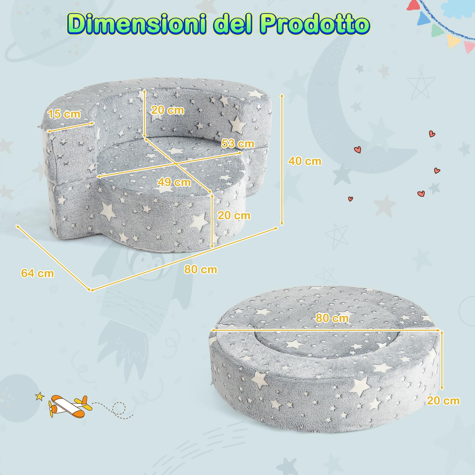 RELAX4LIFE Divano Luminoso per Bambini, Materasso 2-in-1 con Fodera Removibile e Lavabile, Cuscino in Spugna ad Alta Densità, Divano Convertibile per Soggiorno, Stanza dei Giochi, Bambini 3 + Anni