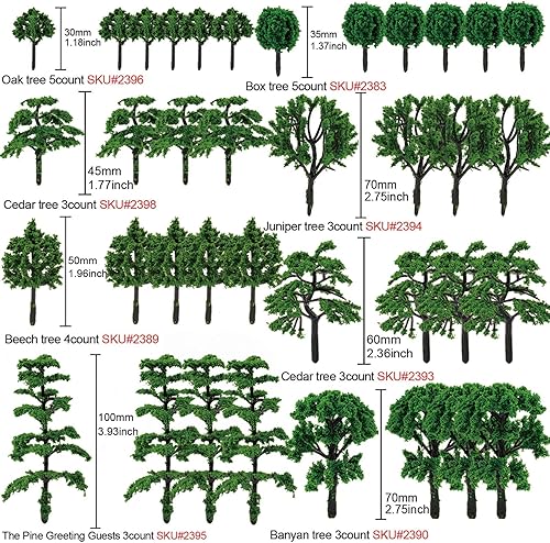 Miniatura 7 de Árboles modelo para jardín de hadas, paisaje, paisaje, tren, arquitectura, decoración de edificios, juego de 99 unidades, 1.1-4 pulgadas