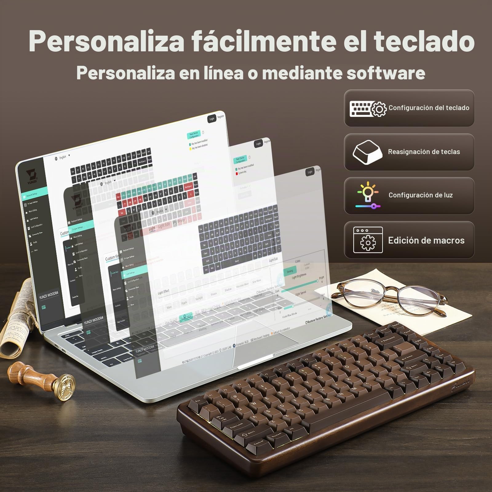 YUNZII WOOD84 Teclado Mecánico Gaming Inalámbrico 75% en Madera (Candy) | Bluetooth/2.4G/USB-C, Retroiluminación RGB, Montaje Tray, Hot-Swap con Teclas PBT Keyboard US ANSI para Mac/PC