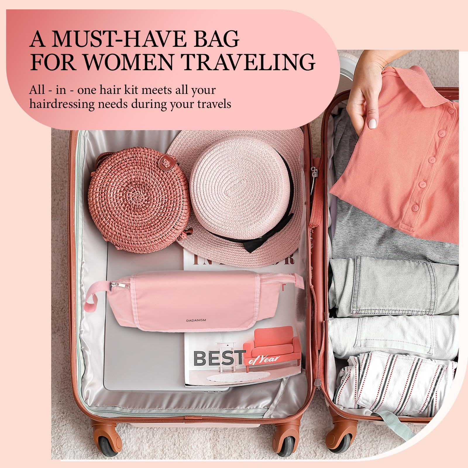 Dadanism Kit per Parrucchieri, Borsa da Viaggio per Strumenti per Capelli con Tappetino Termoresistente Rimovibile, Organizzatore 2 in 1 per Arricciacapelli, Piastra e Accessori da Donna, Rosa