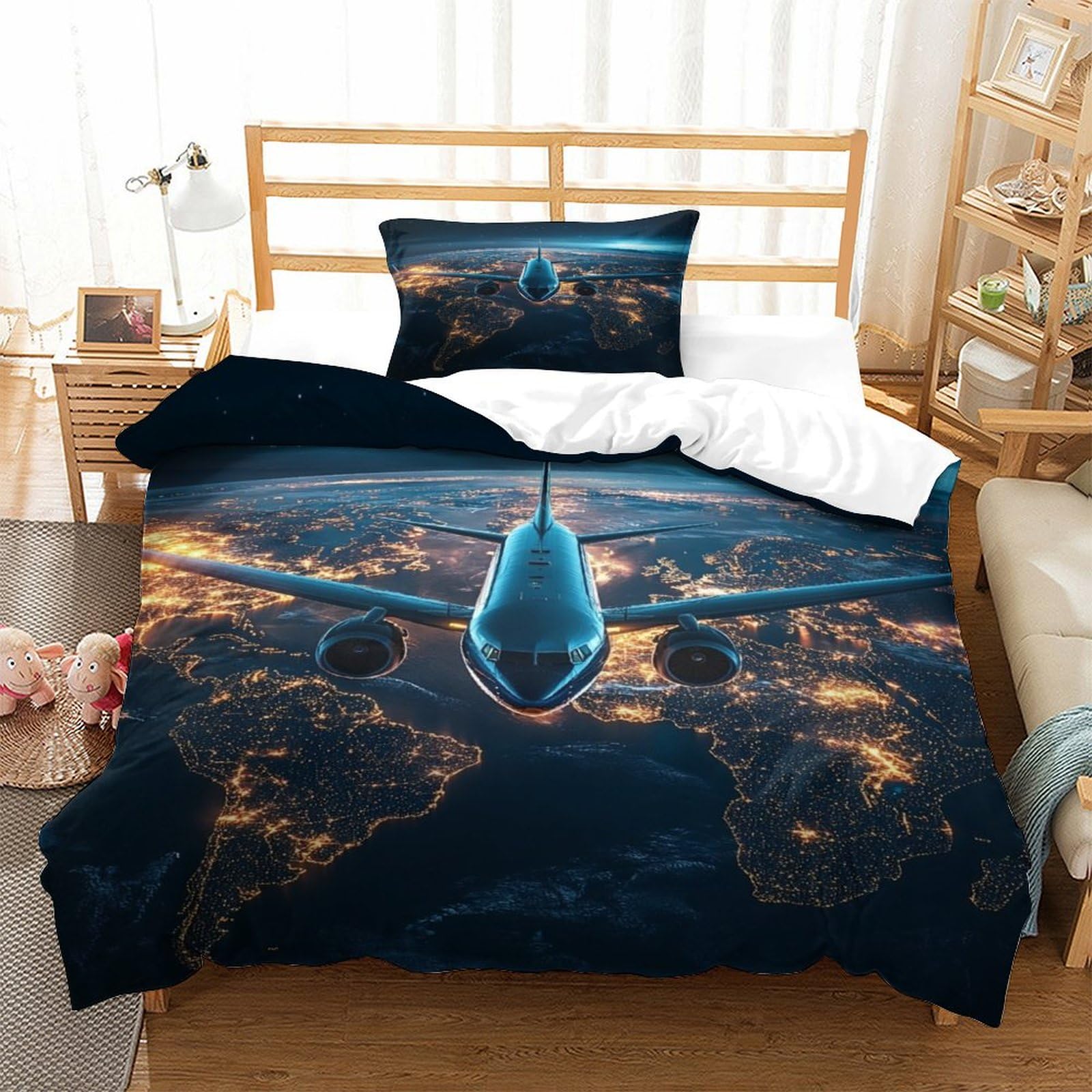 XiaopangXY 3D Printed Pattern A380 Aircraft Duvet Cover Set Breathable Airliner Bedding Set Comfortable Comforter Cover for Kids & Adults Washable Quilt Cover Set Single（135x200cm）
