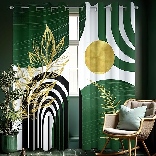 Miniatura 3 de Cortinas opacas con estampado verde y dorado, estilo bohemio, de mediados de siglo, modernas, oscuras, para dormitorio, sala de estar, 84 pulgadas