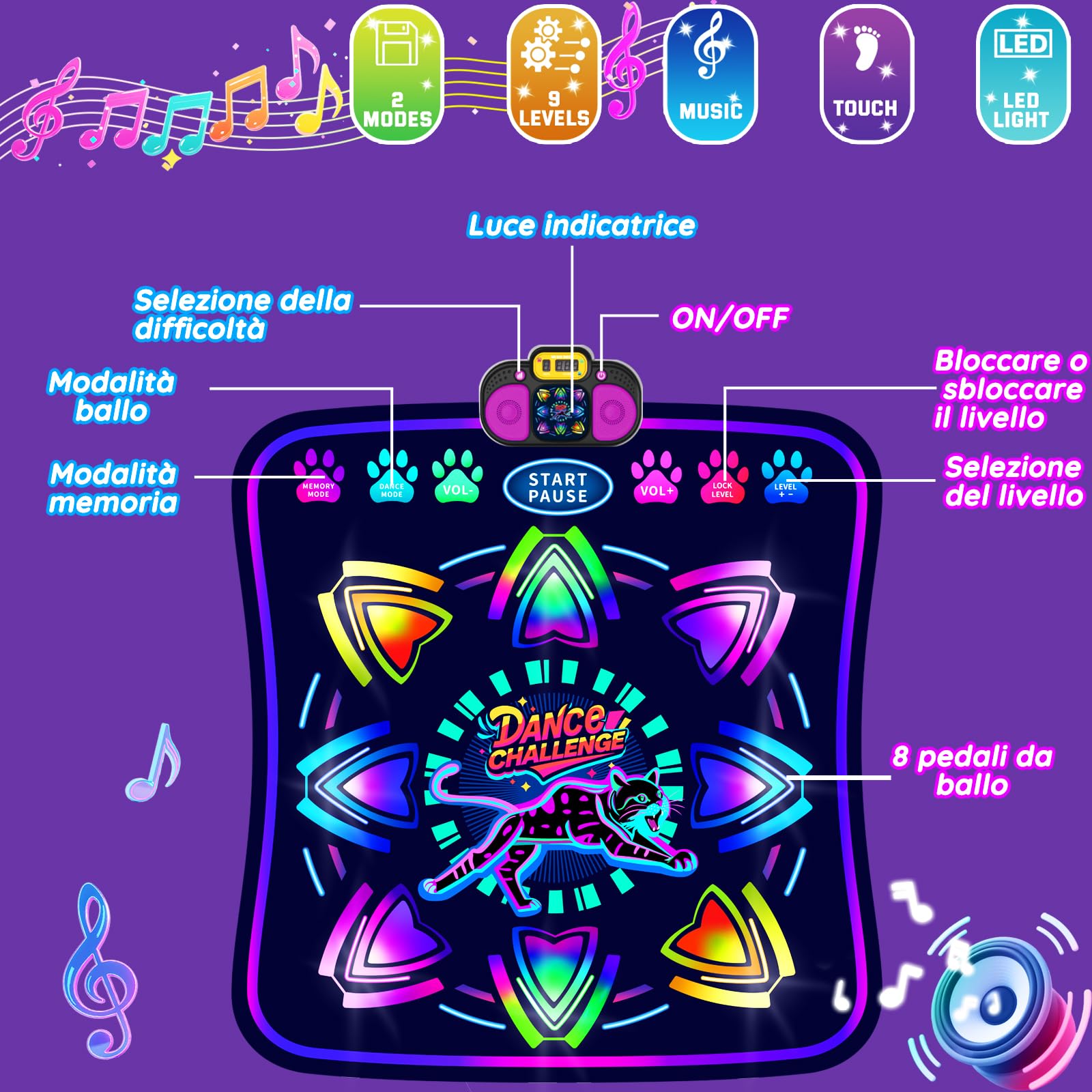 MOMUSE Tappetino da Ballo per Bambini, 2 modalità, Tappeto Musicale | Display Illuminato e 9 Livelli, Volume a 5 Livelli, Giocattolo Regali Compleanno per Ragazzi Ragazze 3 4 5 6 7 8