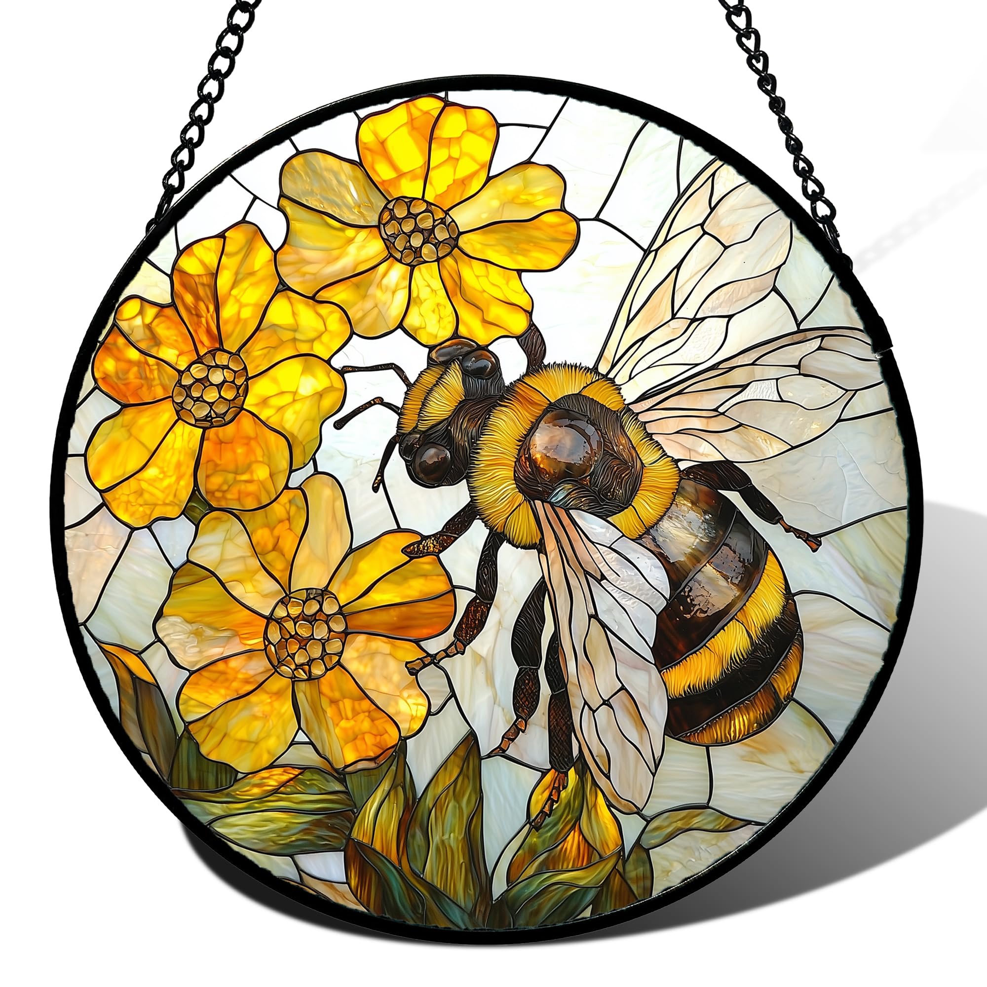 Yellow Flower Bee Stained Glass Window Hanging Decor Gifts for Women 15"