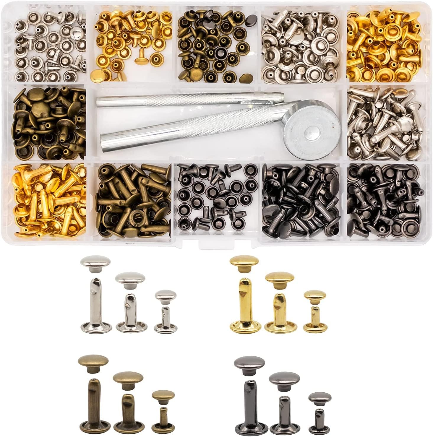 カシメセット 120セット カシメ レザークラフト 打ち具セット 4種色 革 道具 スタッズ 底鋲 リベット 丸形 DIY 手作り