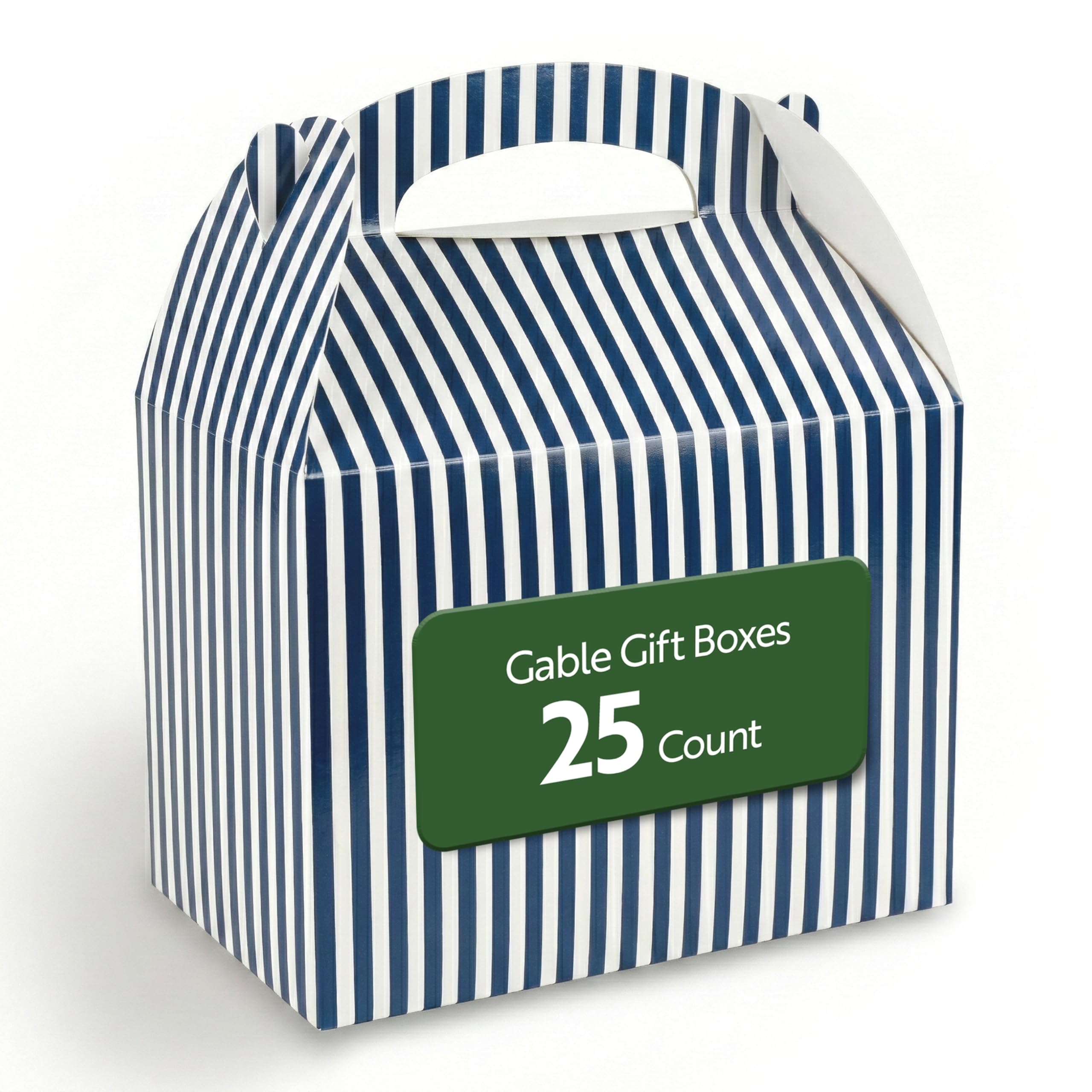 Bio Tek 10 x 7 x 8 Inch Gable Boxes For Party Favors, 25 Attractive Gift Boxes - Striped Design, With Built-In Handle, Blue And White Paper Barn Boxes, Disposable, For Parties