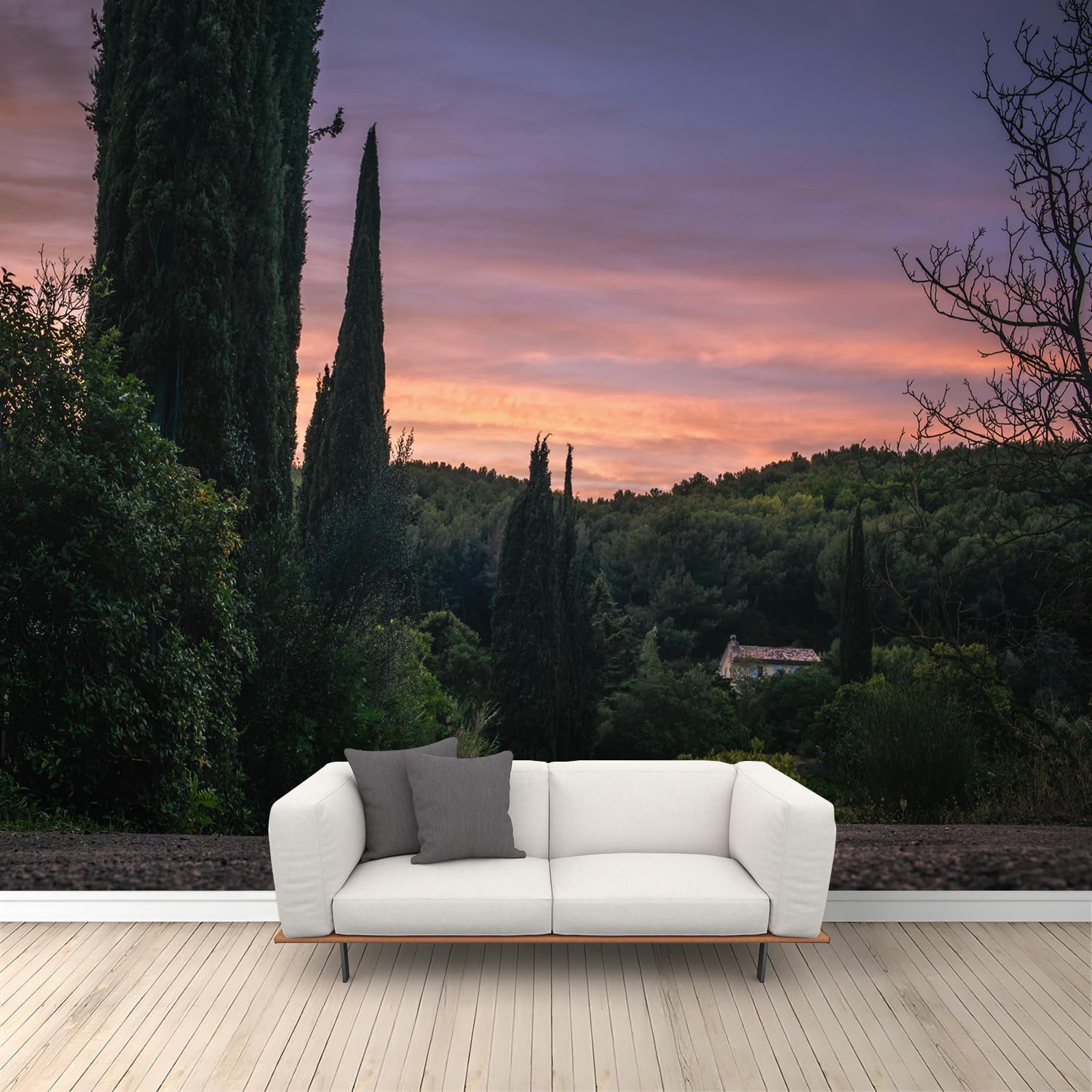 Papier peint forêt coucher de soleil étanche pour salon moderne