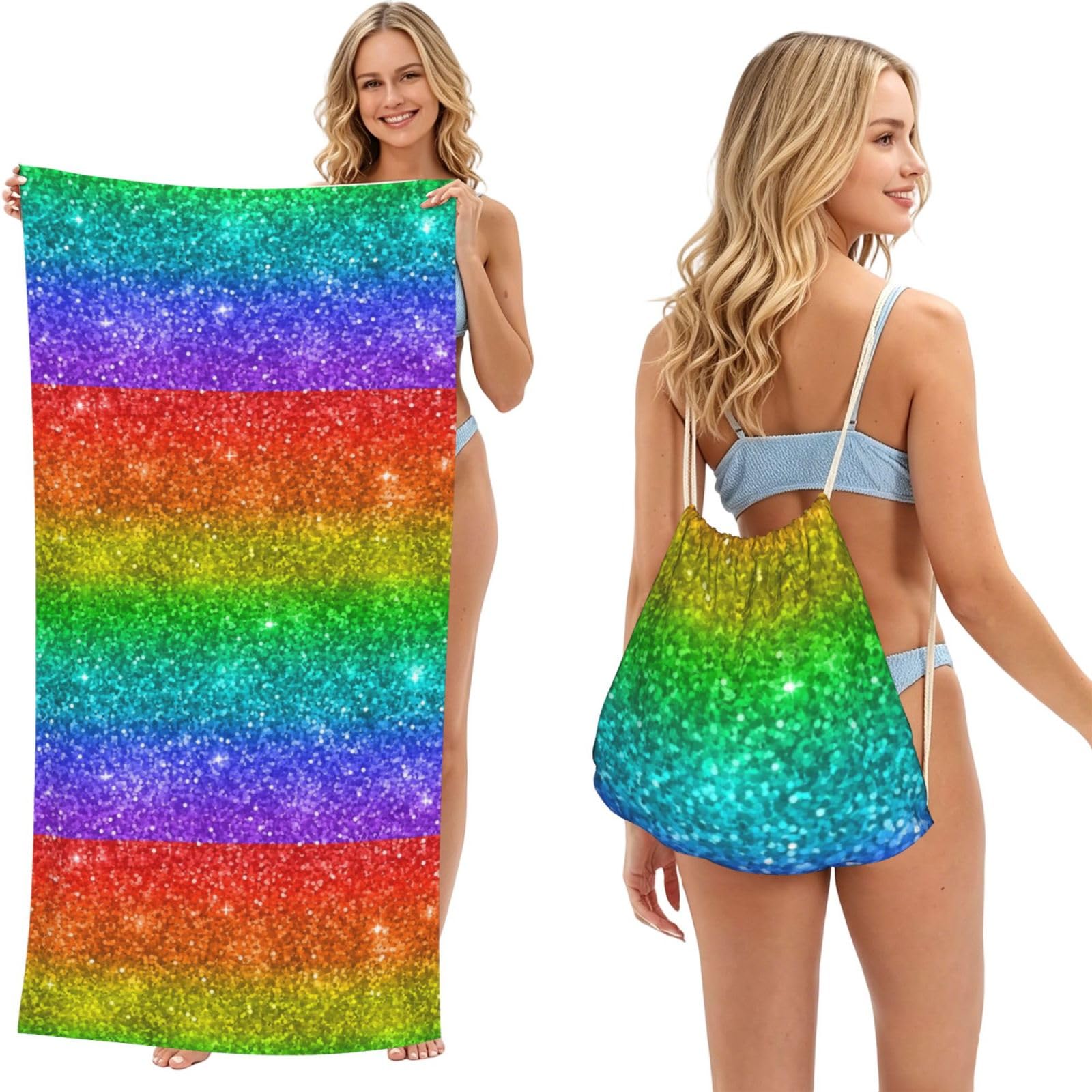 Poadnly As Picture Multicolor Rainbow Glitter, 2 In 1 Packable Towel Bag, Beach Towels With Drawstring Backpack For Travel Holiday Camping