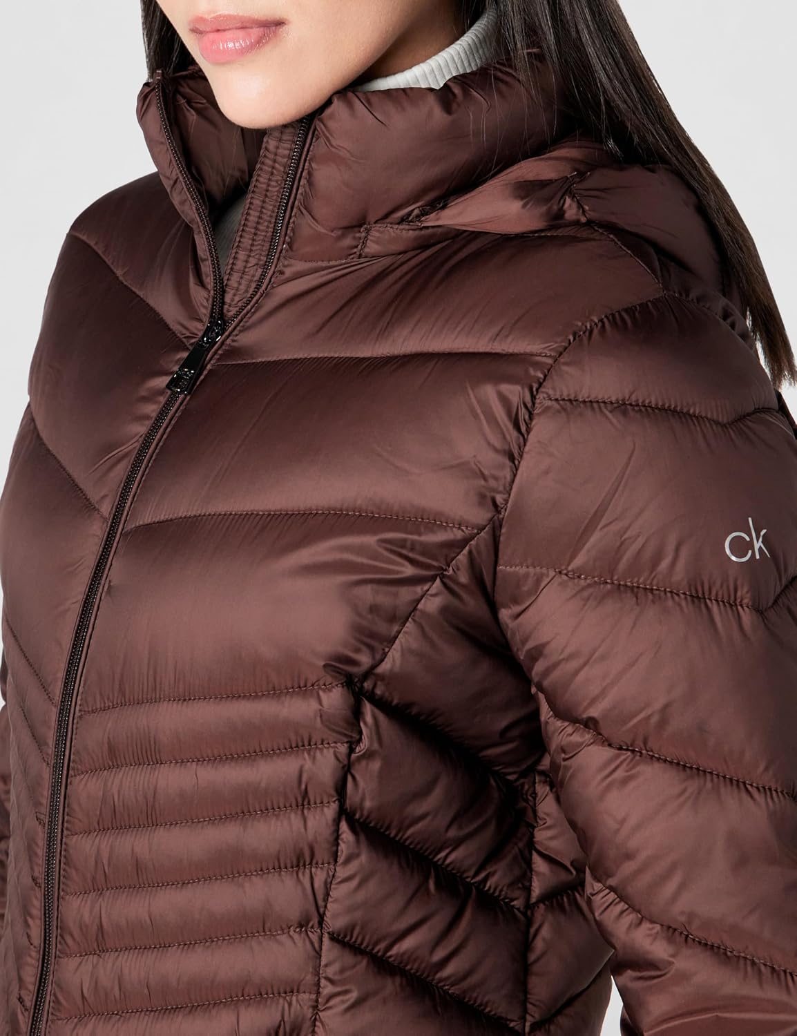 Calvin Klein Women's Hooded Chevron Quilt Puffer Coat – Slimming Longline Winter Jacket