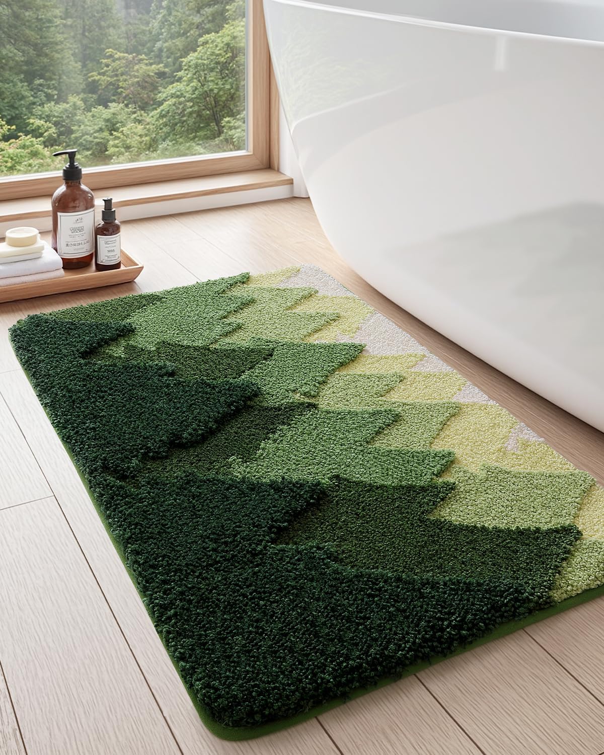 DEXI Bathroom Rugs Non Slip, 20×32 Washable Microfiber Bath Mat Quick Dry, Absorbent Ultra Soft Forest Trees Bathmat for Shower Floor Tub Sink, Green