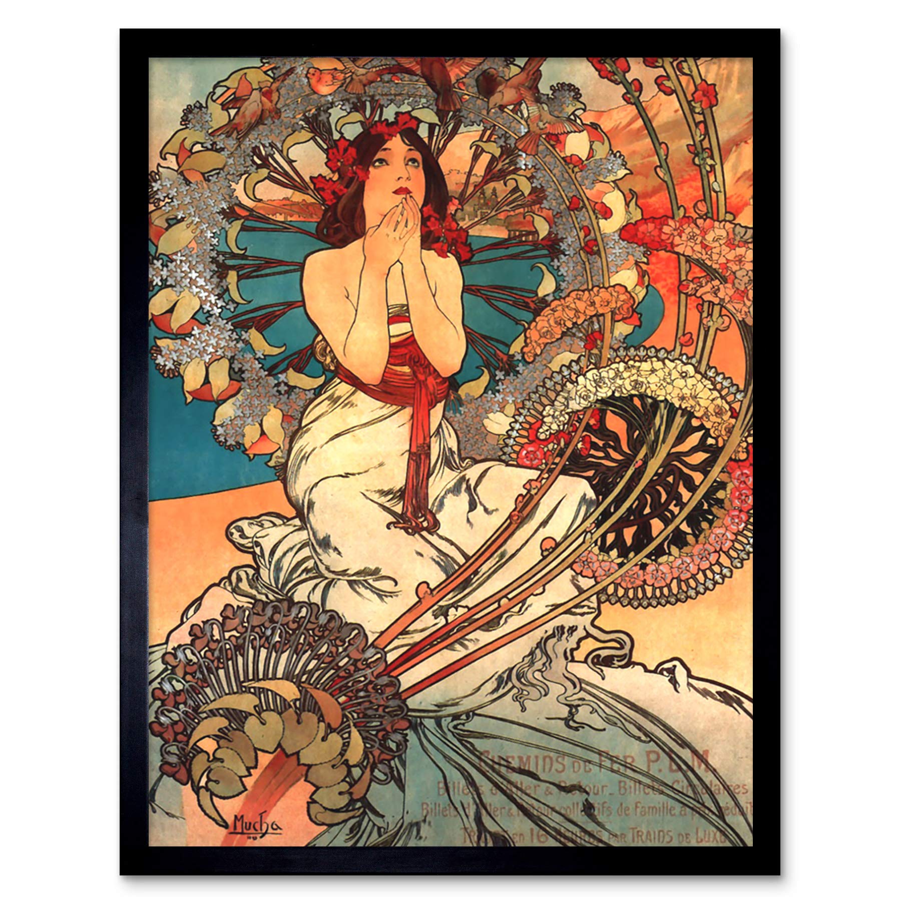 Wee Blue Coo Mucha Art Nouveau Woman Floral Art Print Framed Wall Decor 9X7 Inch