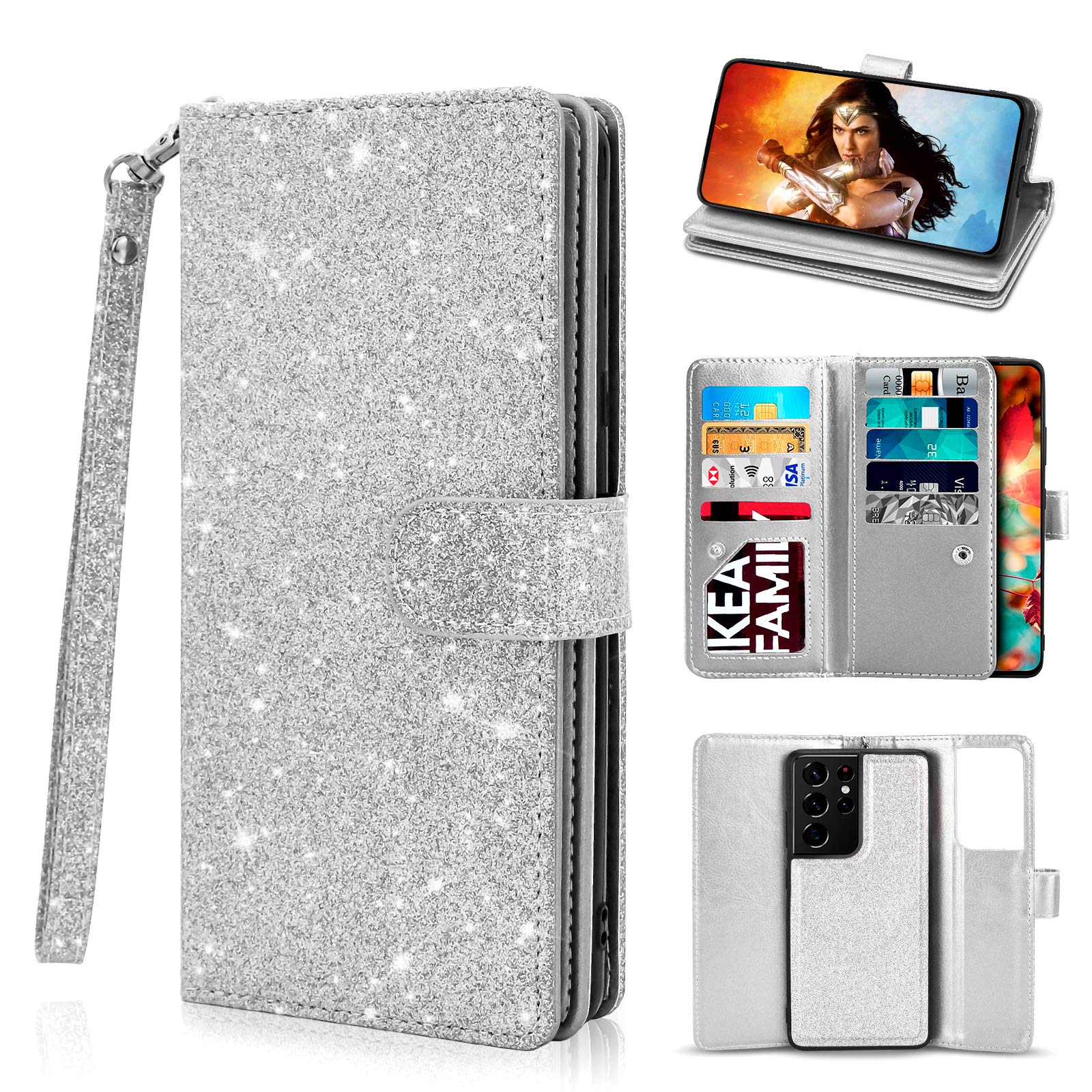 Newseego for Samsung Galaxy S21 Ultra Wallet Case (6.8 Inch),Glitter PU Leather Magnetic Closure Multi-Credit Card Slot Cash Holder Detachable 2 in 1 Wallet Cover with Wrist Strap-Silver