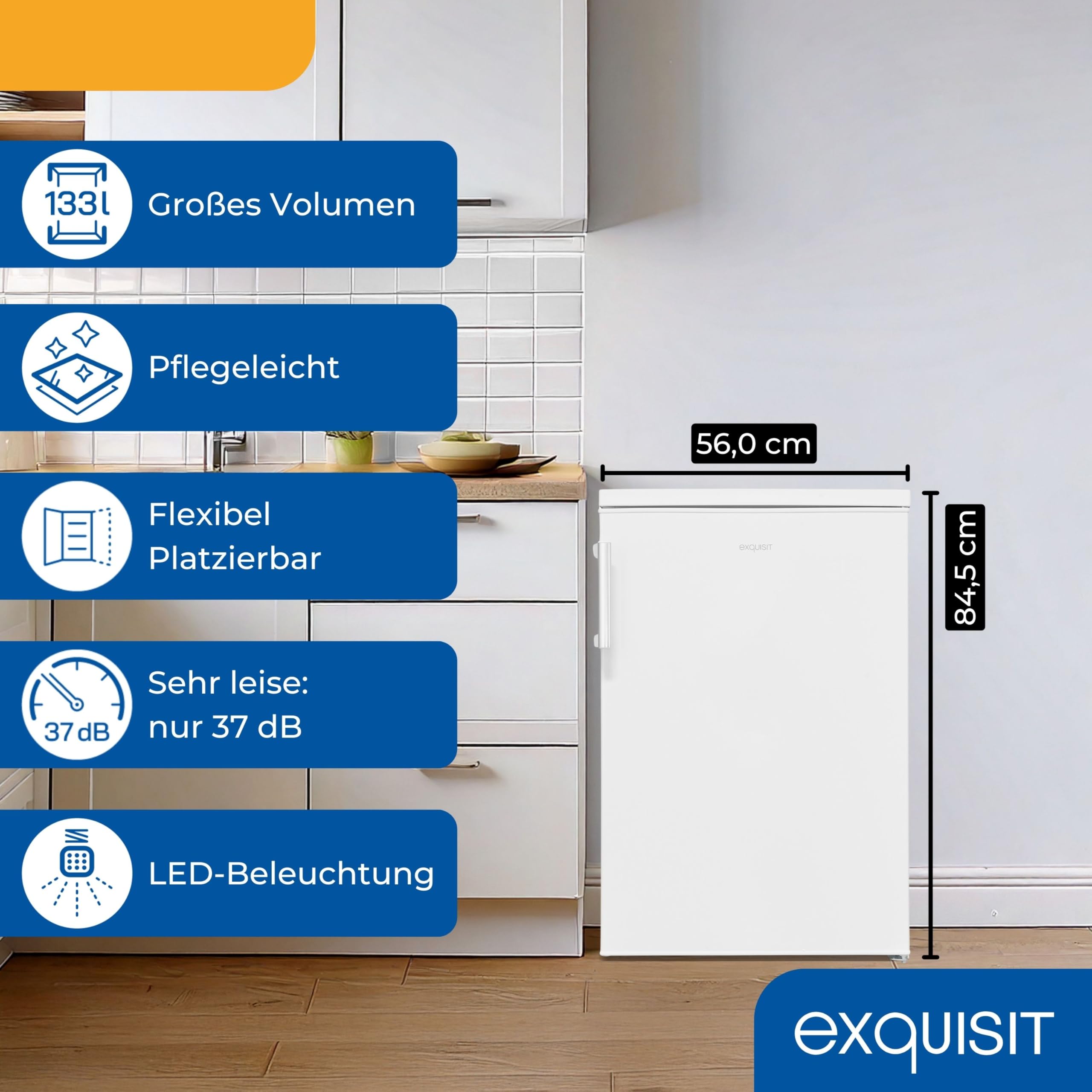 Exquisit KS16-V-H-010C Kühlschrank, 133 Liter Vollraumkühlschrank, Weiß | Energieklasse C, 37 dB leise, 3 Glasablagen, LED-Licht, wechselbarer Türanschlag, Standkühlschrank für Singles