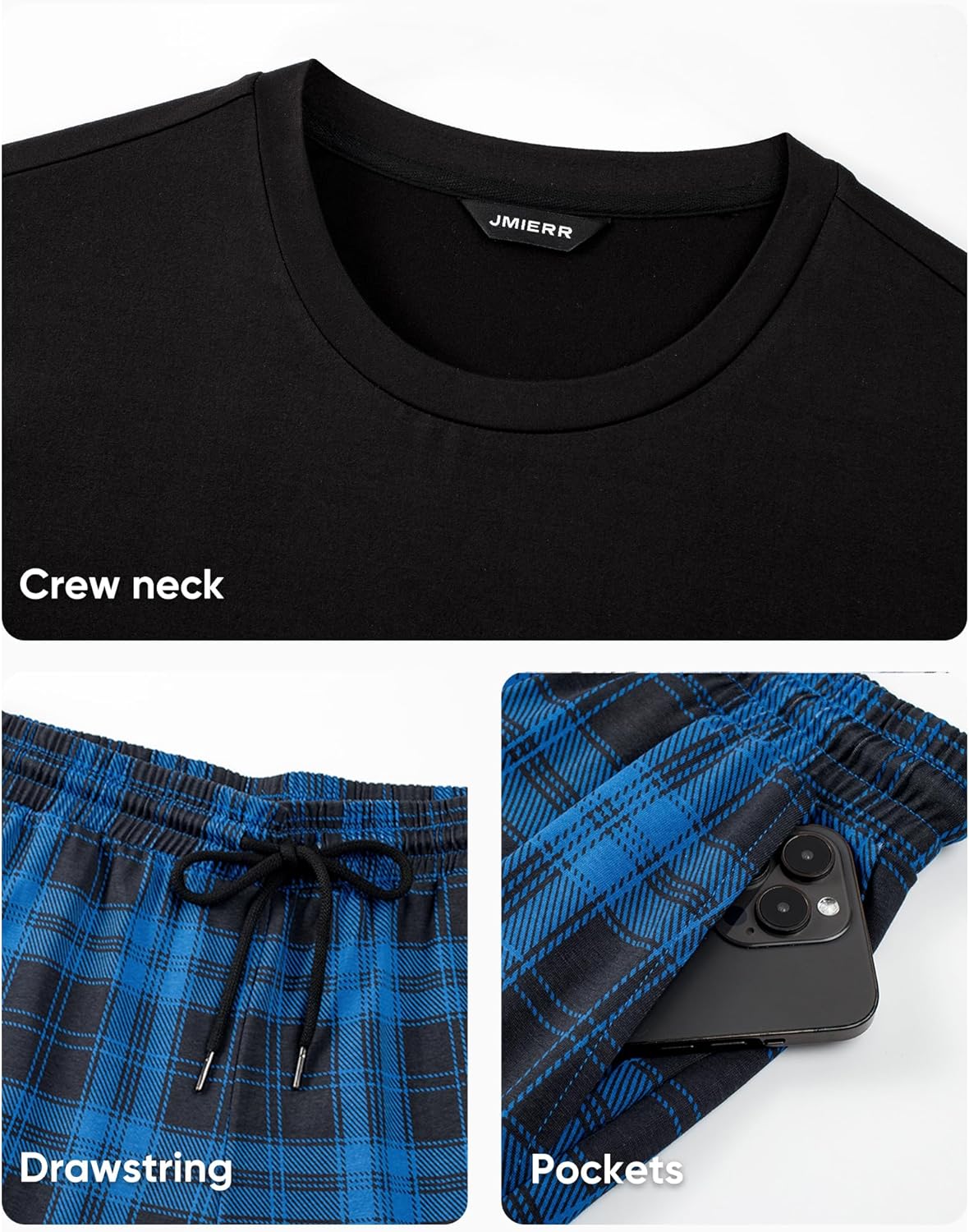 JMIERR Men's Pajamas Set 2 Piece Long Sleeve T-Shirt Loungewear Long Plaid Pants with Pocket - Image 6