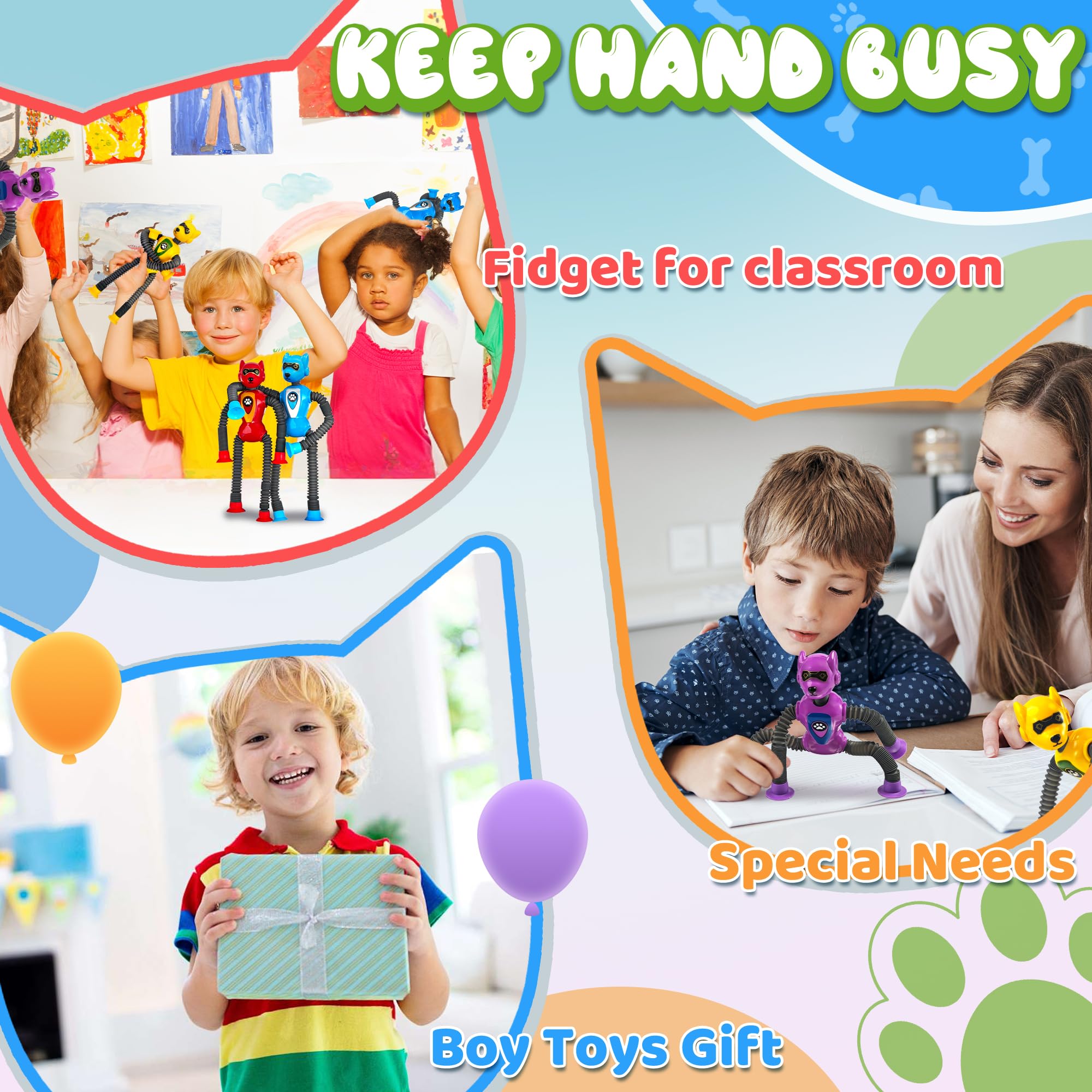 Valentines Day Gift for Classroom Boys Robot Dog Sensory Pop Tube for Toddler Kid 4PC Travel Toys Airplane Car Toy Activities Autistic Road Trip Suction Tube for Boys 3 - 8 ADHD Autism 6