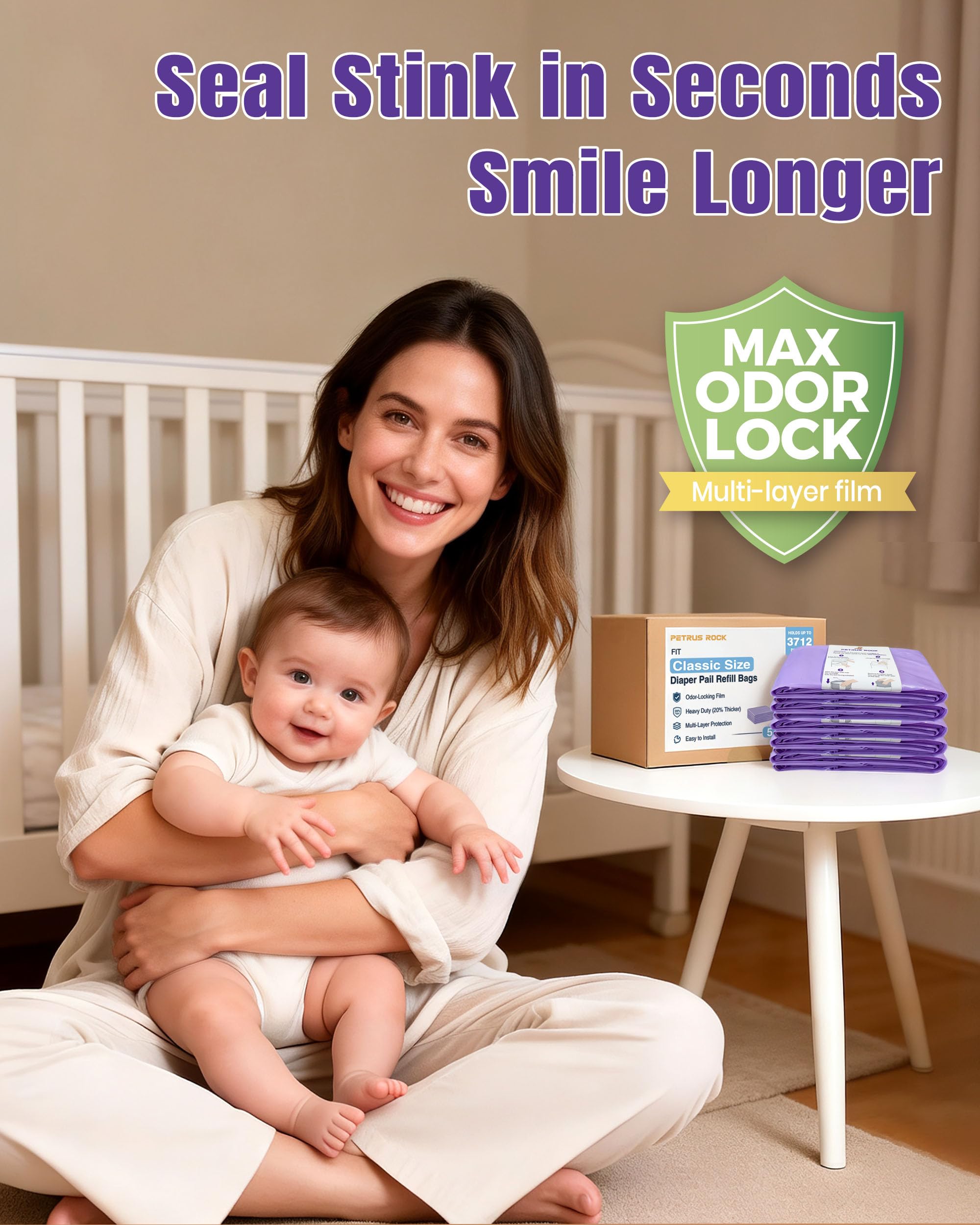 5 Pack Diaper Pail Refill Bags Compatible with Dekor Classic Diaper Pail, 50% Extra Long, Holds Up to 3712 Diapers, Heavy Duty Odor Control, Fresh Lavender Scent - 3