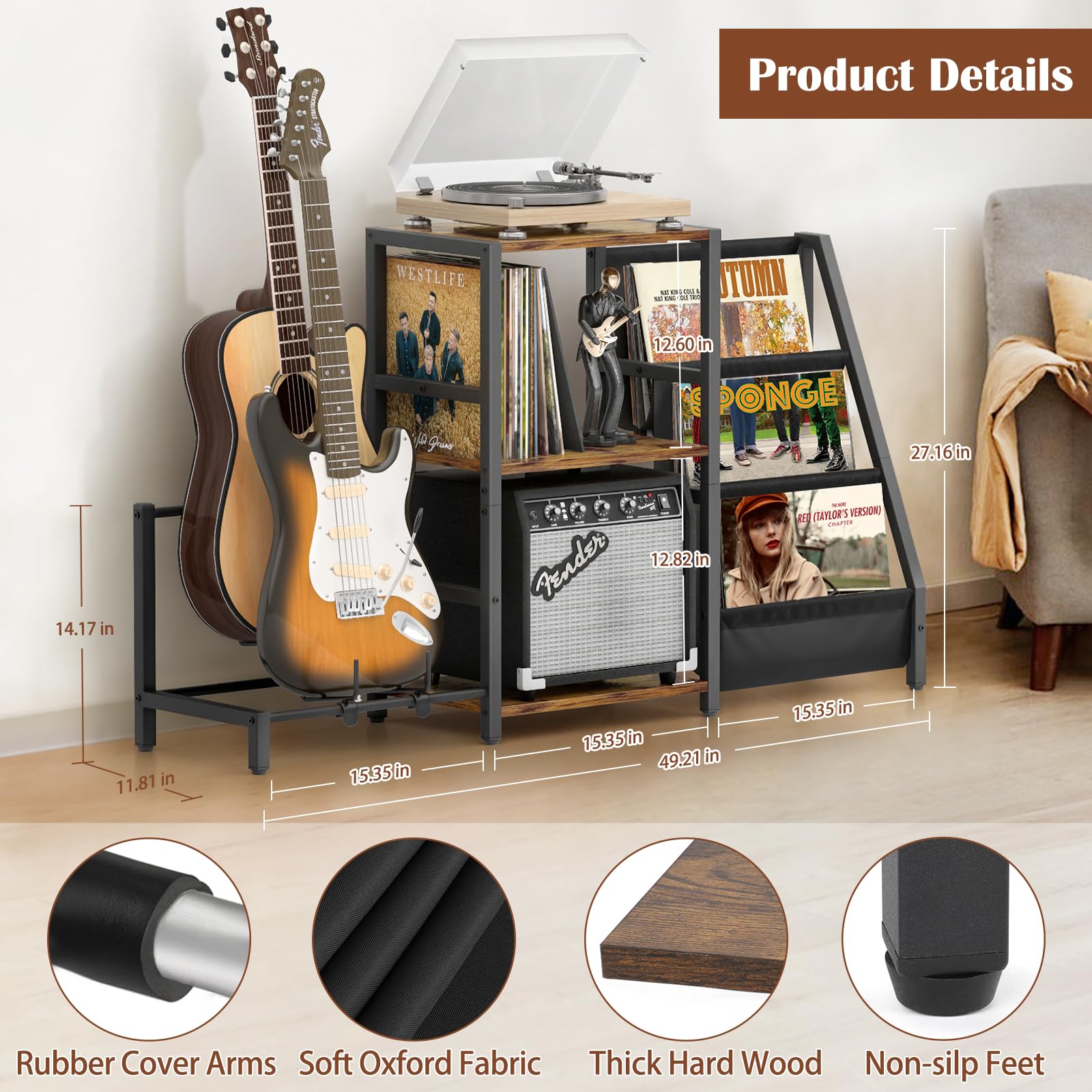 Bikoney Plattenspielerständer mit Gitarrenhalter, Gitarrenständer für Akustik, E-Gitarre, Bass, Gitarrenständer Mehrere Gitarren, Vinyl-Schallplattenständer, Gitarrenständer Boden für Studio