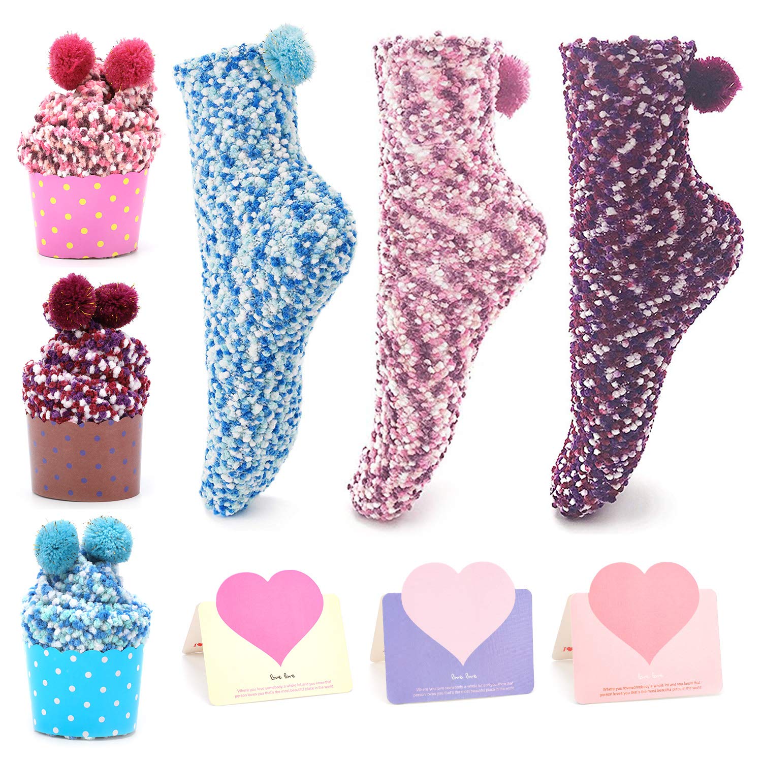 QKURT 3 pezzi divertenti calzini per torta, calzini per ragazze di design cupcakes, calzini di Natale con confezione regalo, 3 carte regalo