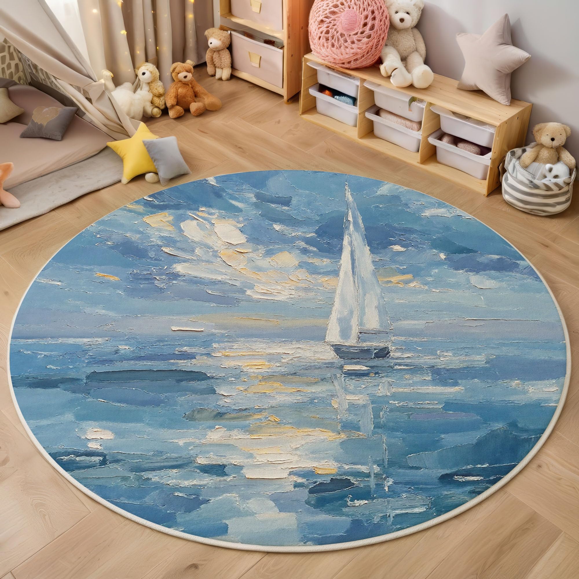 Tapis rond bleu antidérapant 120cm pour sol de cuisine