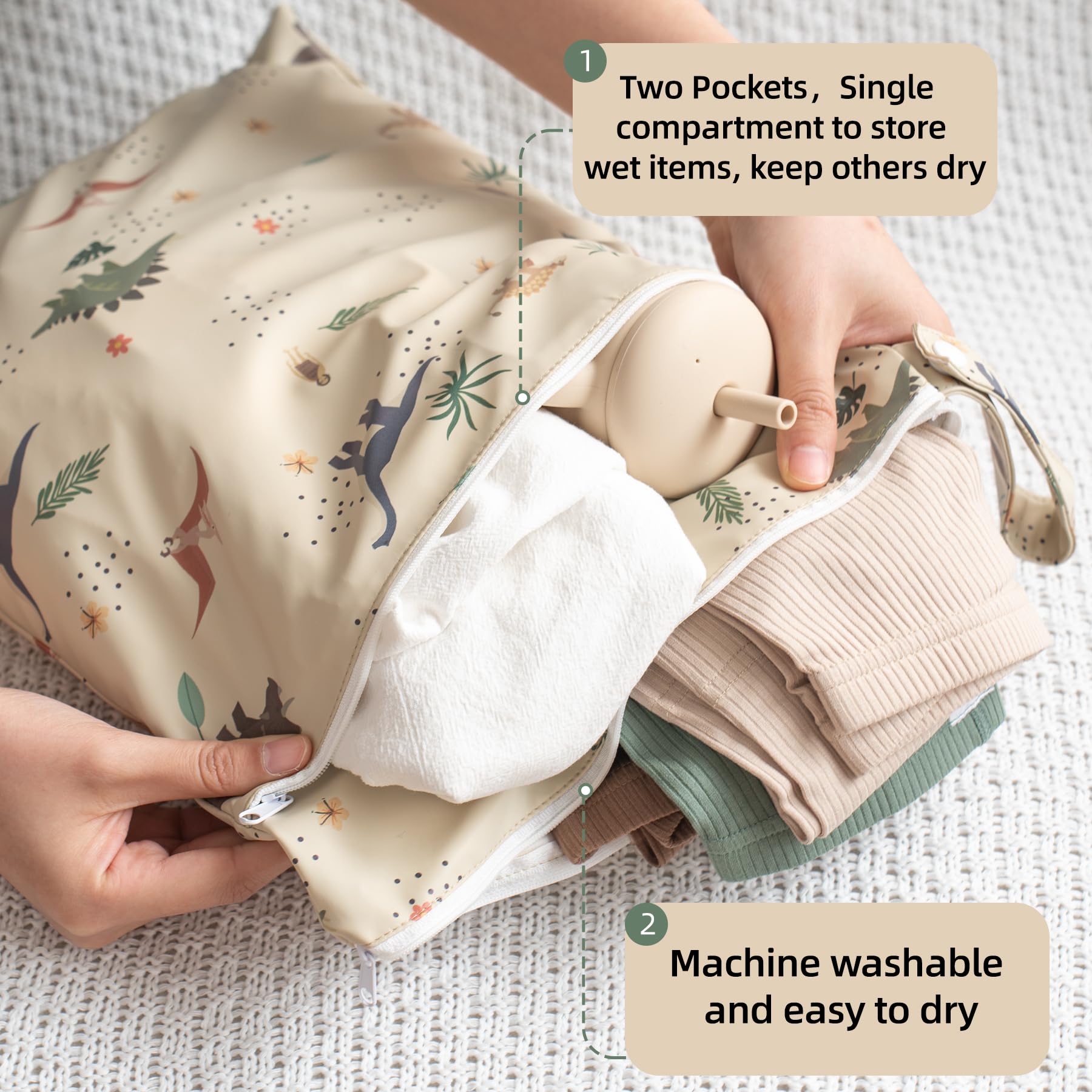 Bolsa Impermeable Reutilizable con Dos Bolsillos con Cremallera para pañales de bebé con asa, diseño de Dinosaurio