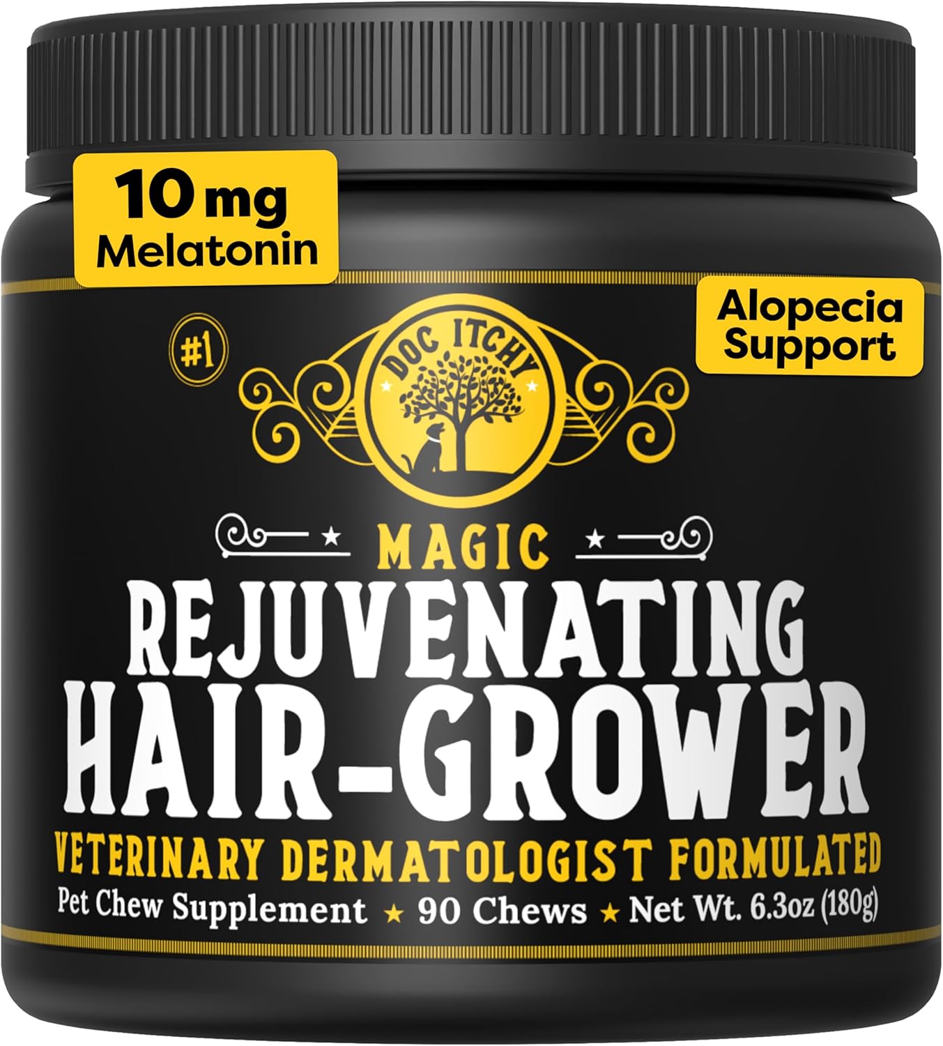 Doc Itchy Rejuvenating Hair-Grower Dog Pet Chews | 10mg Melatonin for Dogs | Hair Growth Booster | Senior Dog Energizer | Calming | Medical-Strength | Food Allergy Safe | Vegan | 90 Count