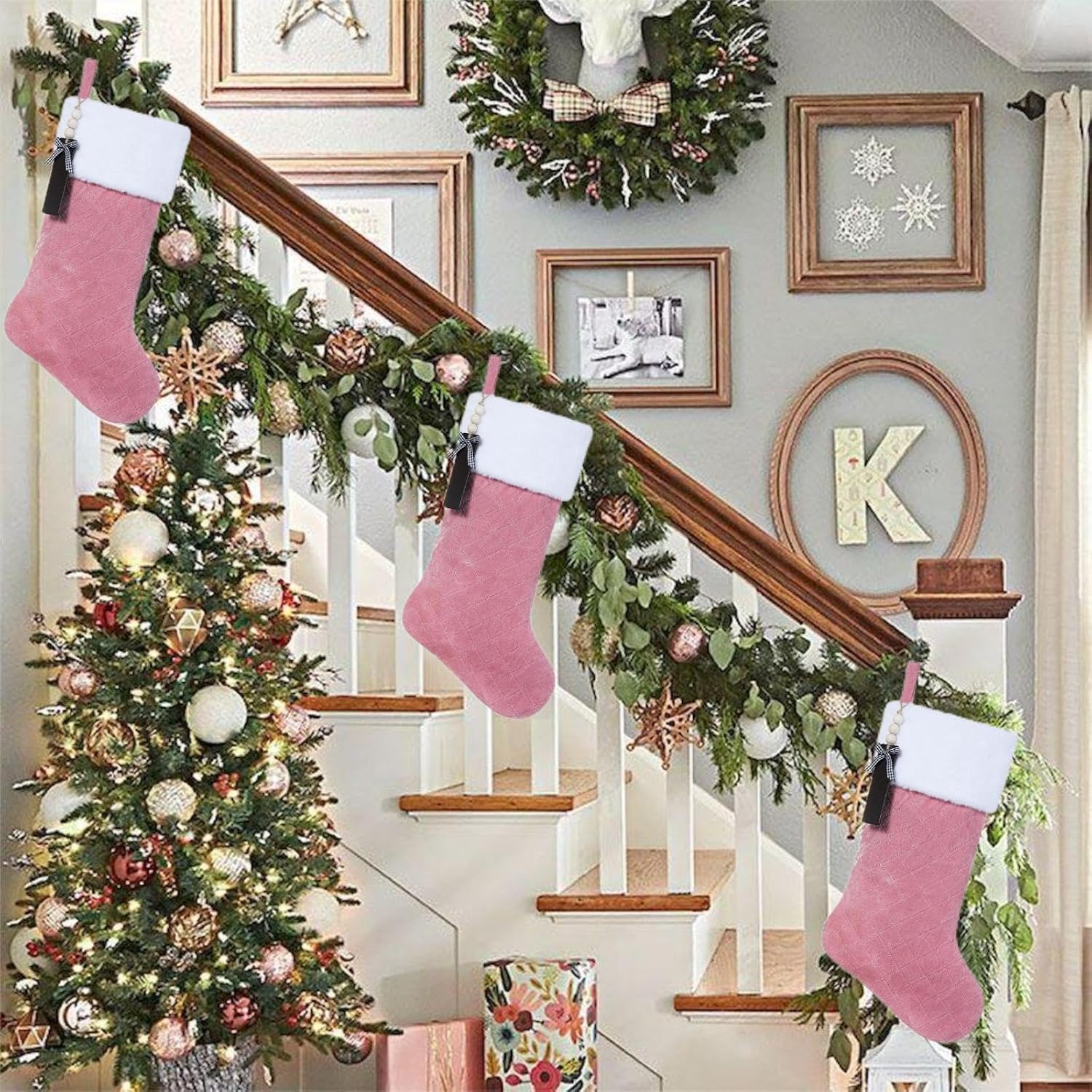 Pink Velvet Quilted Personalized Christmas Stocking,19.5 Inch Fireplace Hanging Stockings with Blank Wooden Tags DIY Name,Family Holiday Decorations and Xmas Gift(Pink 4Pcs)