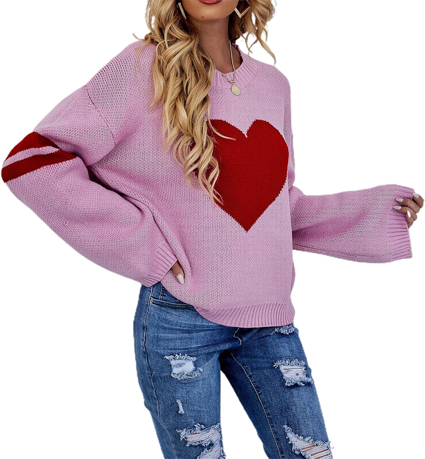 Mxiqqpltky Heart Print Sweater for Women Long Sleeve Crewneck Valentine Knitted Pullover Love Sweater Y2K Tops - Image 2