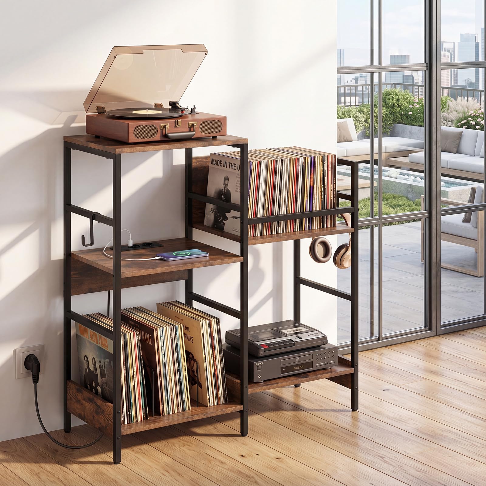 GIANTEX Supporto per Giradischi Multilivello, Mobile Vinili con Stazione di Ricarica, Mobiletto Porta Dischi in Legno con Ganci, Struttura Metallica, per Studio e Soggiorno, 78 x 30 x 78 cm